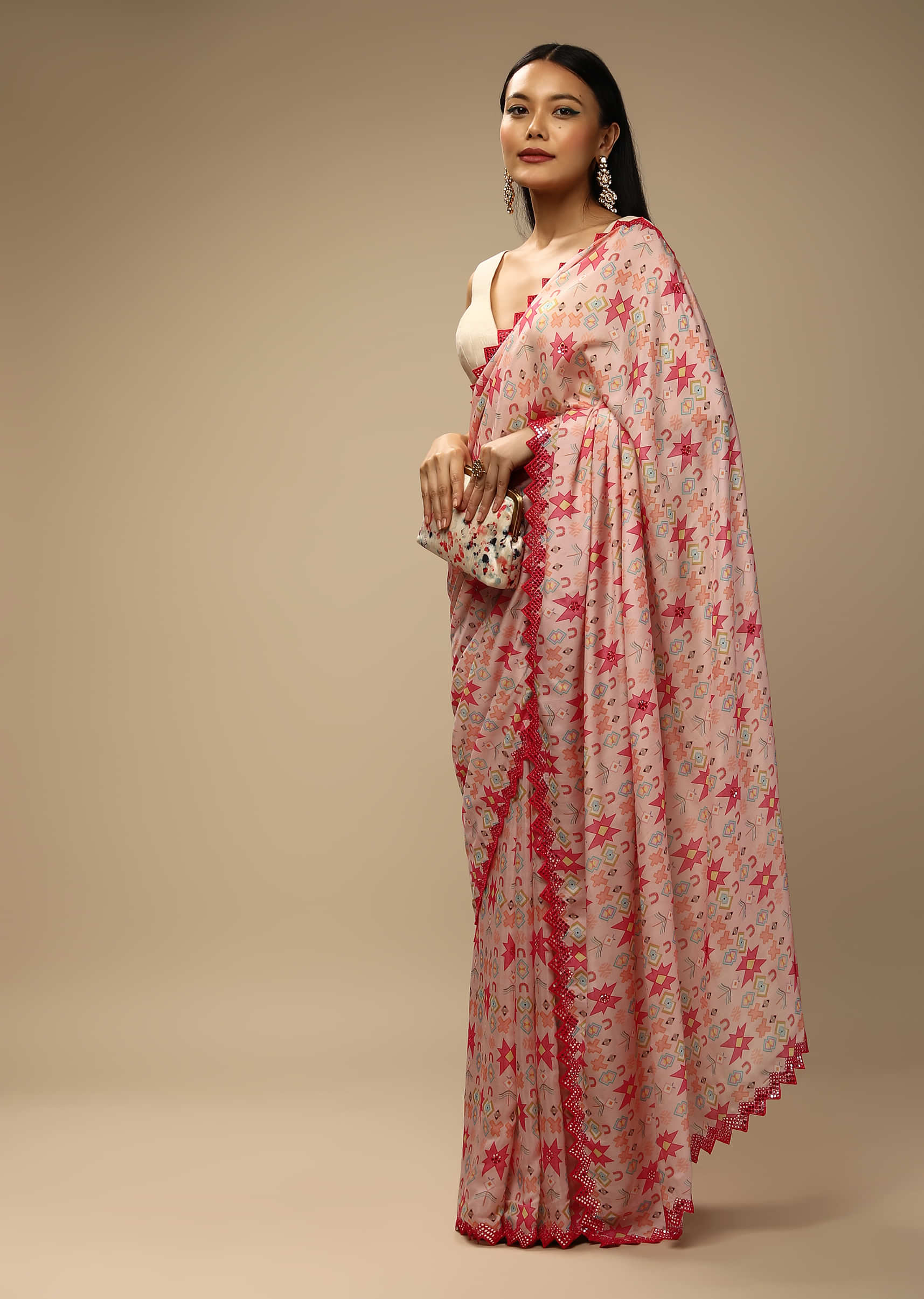 English Rose Pink Saree In Cotton Silk With Self Stripes And Multi Colored Print In Geometric And Abstract Motif