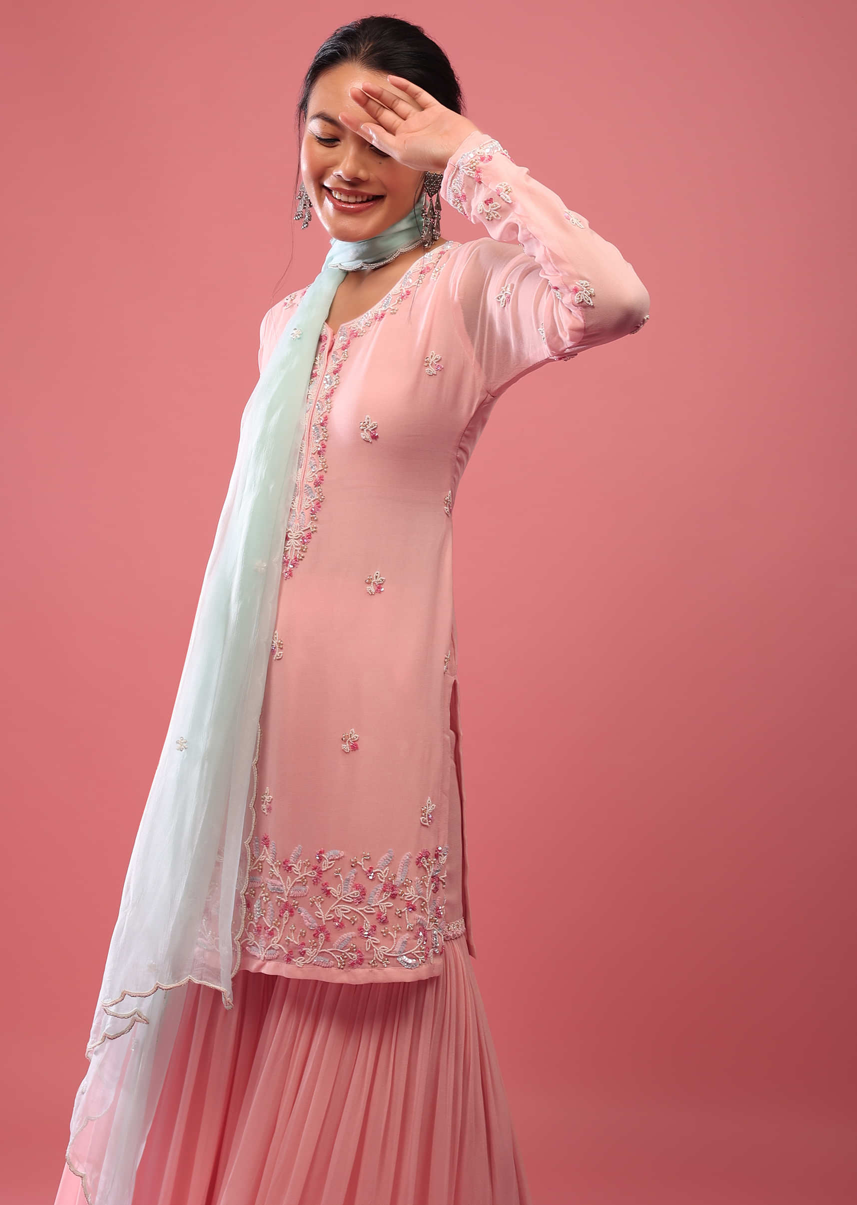 Salmon Pink Sharara Suit In Georgette With Embroidery In Moti And Sequin
