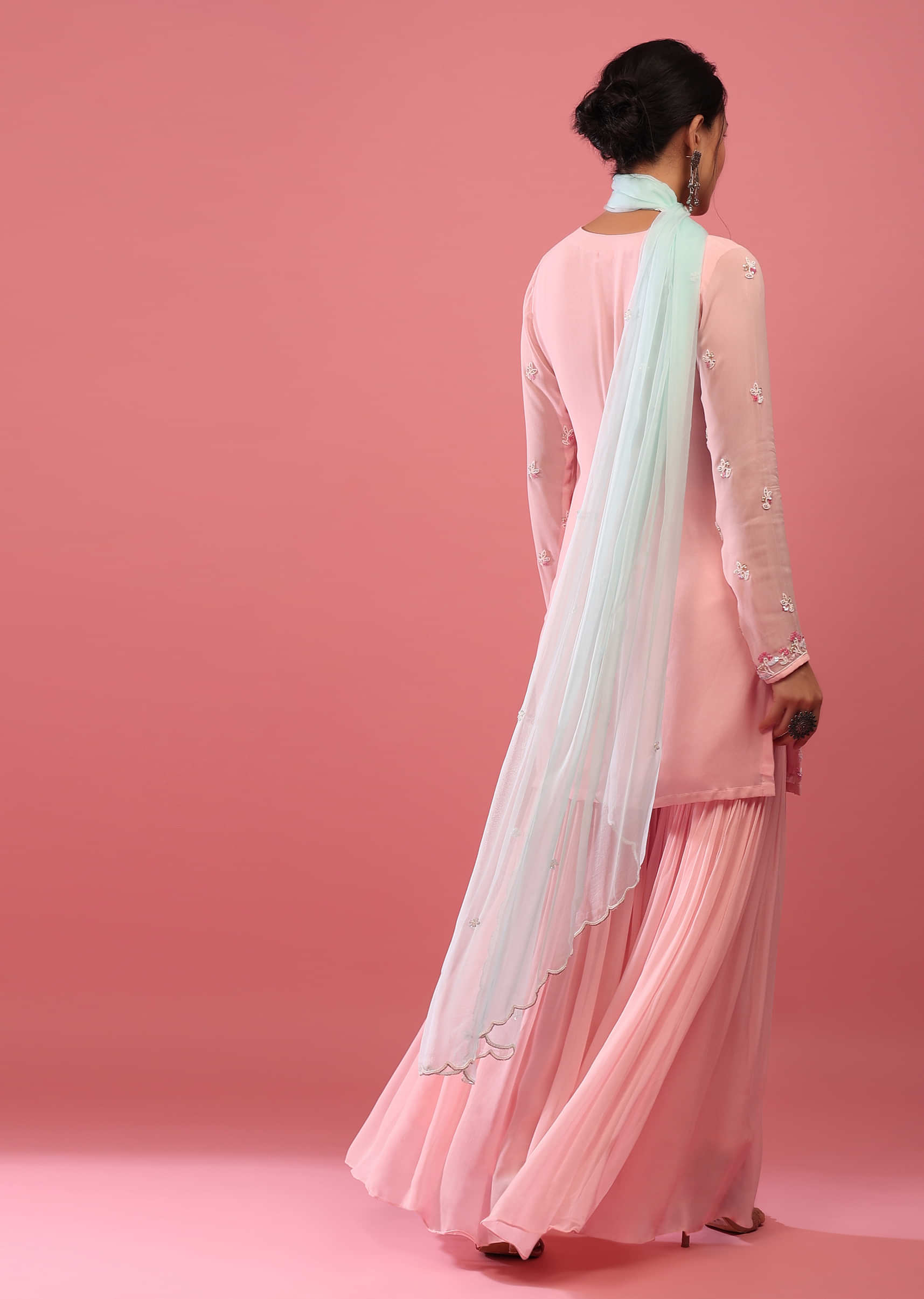 Salmon Pink Sharara Suit In Georgette With Embroidery In Moti And Sequin