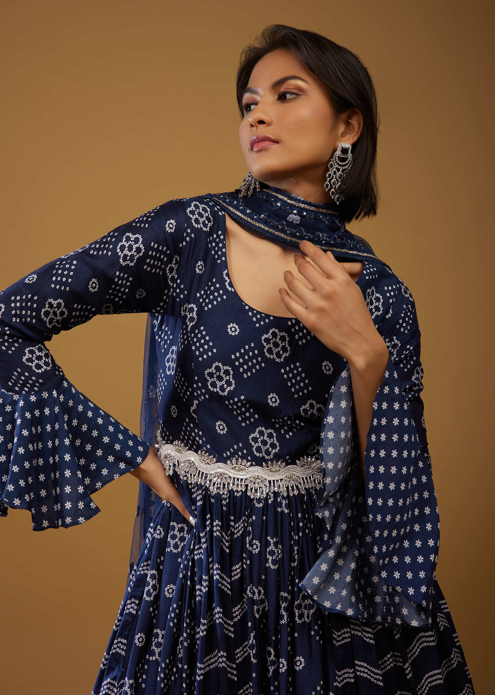 Persian Blue Anarkali Suit With Bandhani Print And Embroidery
