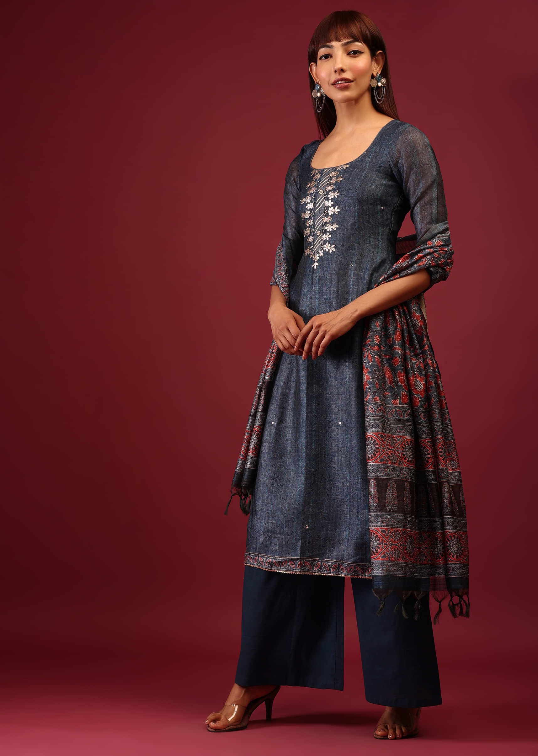 Ensign Blue Printed Palazzo Suit In Tussar Silk With Embroidery