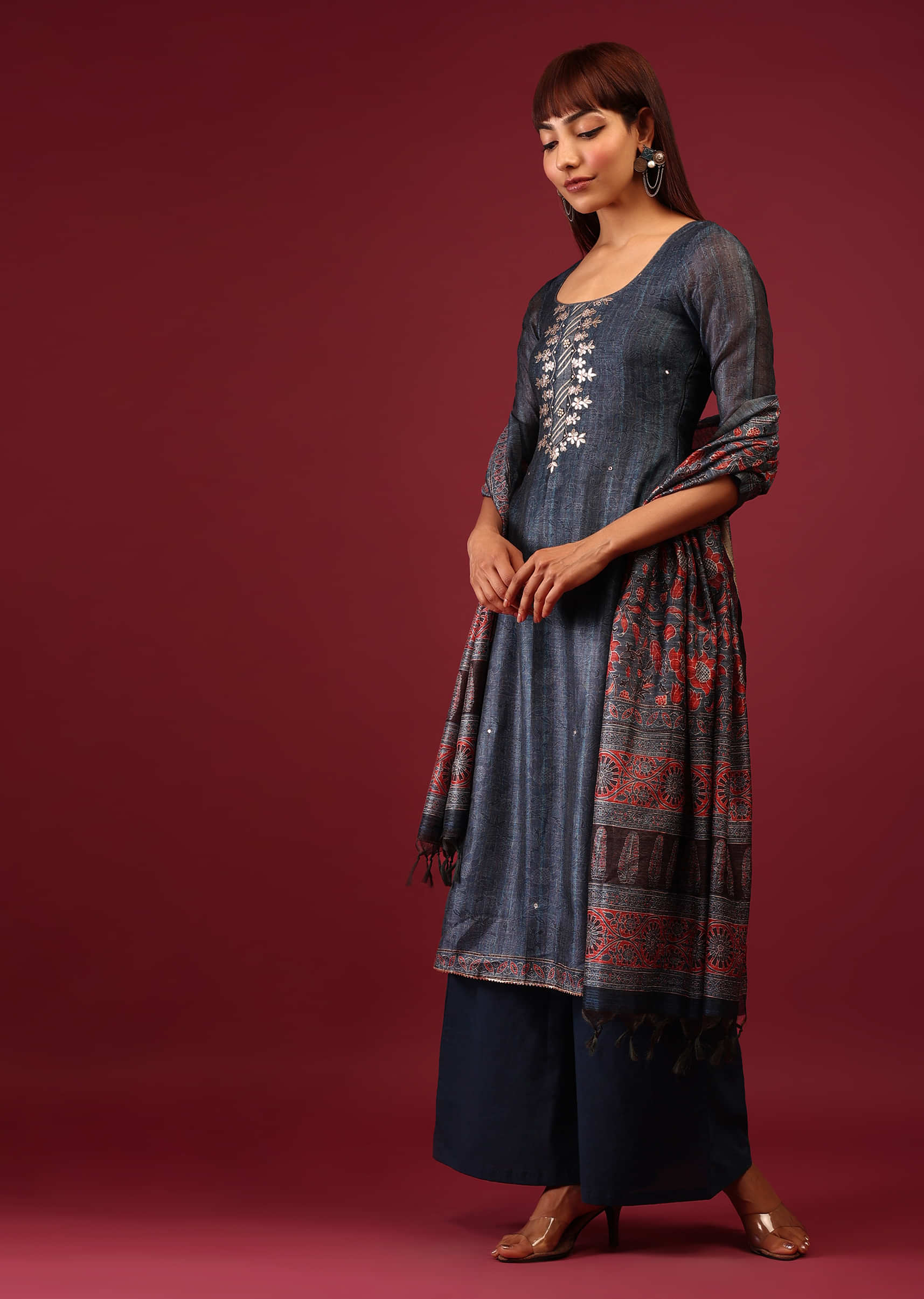 Royal Blue Printed Palazzo Suit In Tussar Silk With Embroidery