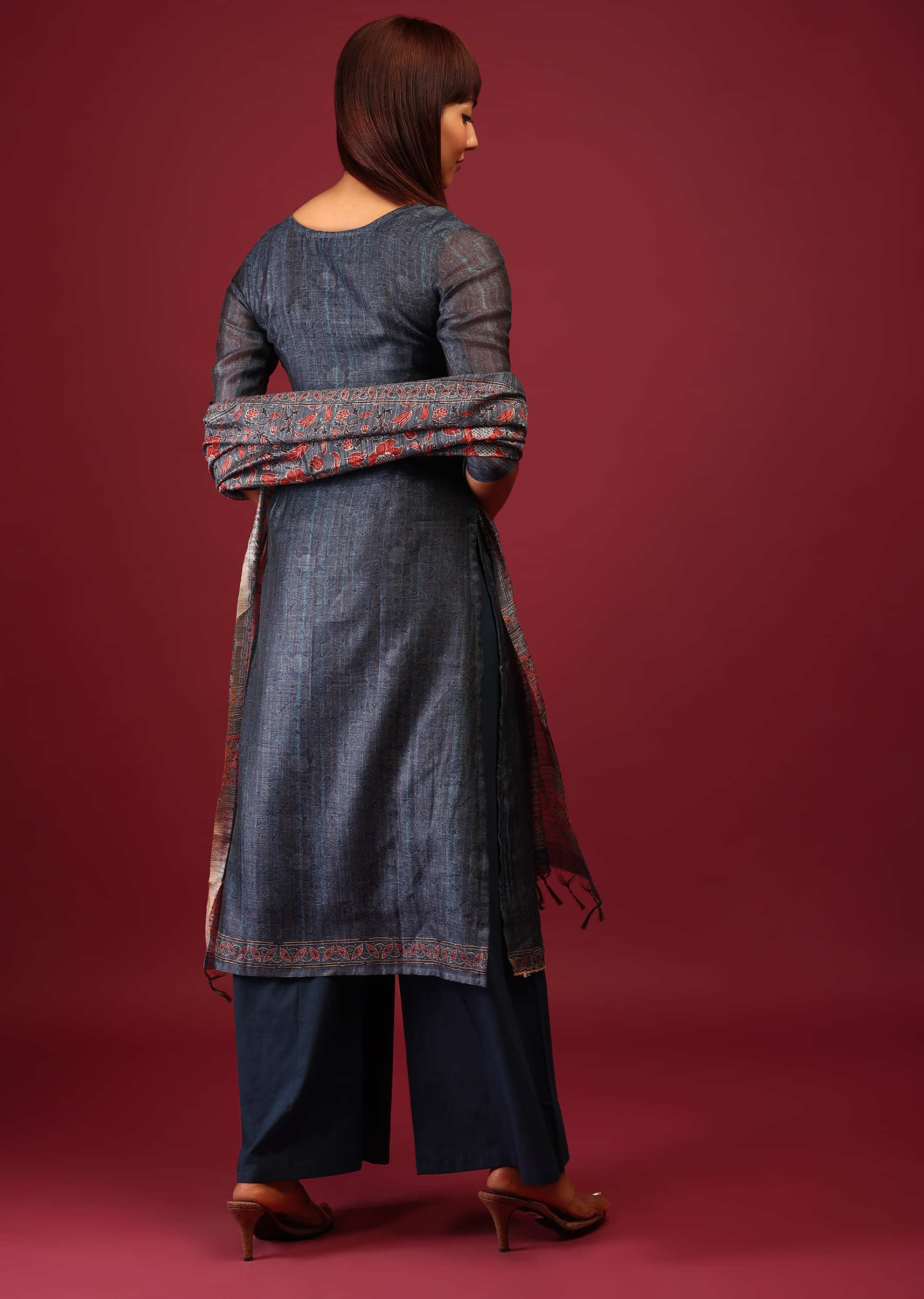 Royal Blue Printed Palazzo Suit In Tussar Silk With Embroidery