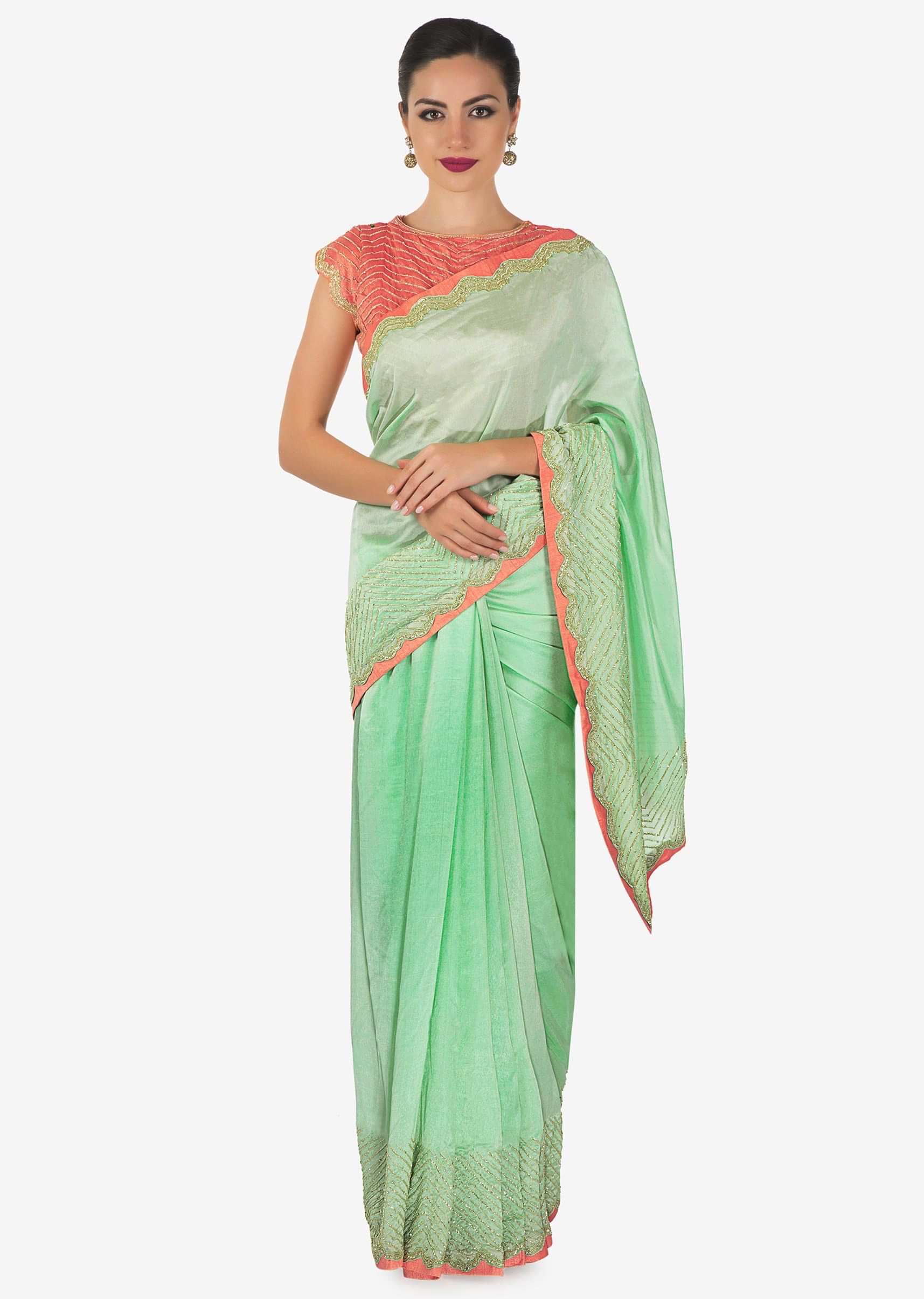 Sea Green Saree In Silk And Peach Silk Blouse Online - Kalki Fashion