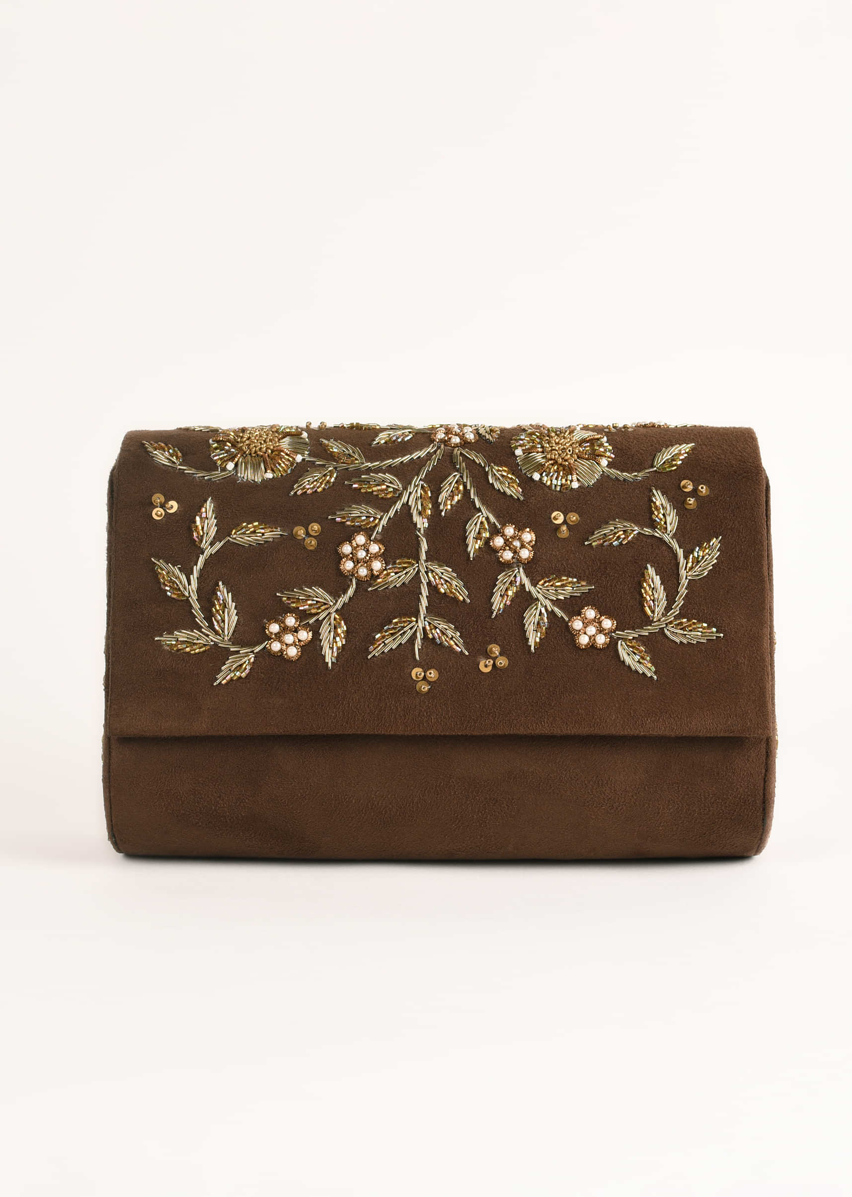Espresso Brown Clutch In Suede With Zardosi Embroidered Floral Motifs Online - Kalki Fashion