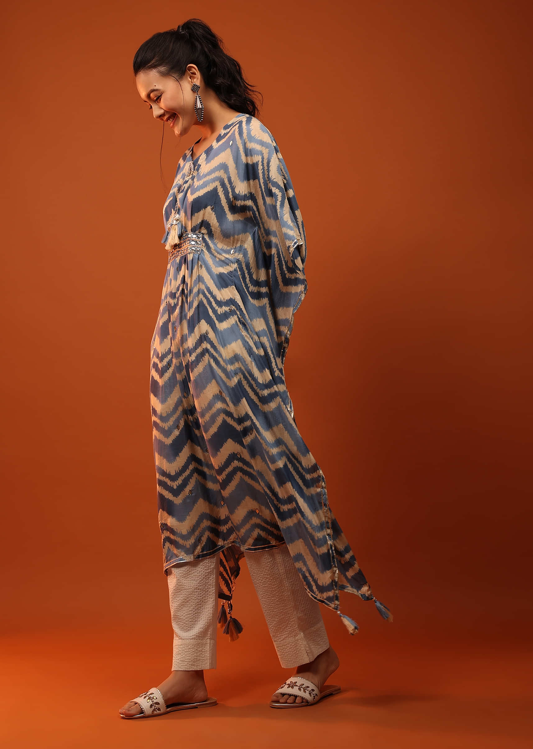 Ethereal Blue Kaftan Dress With Chevron Print And Gotta Patti