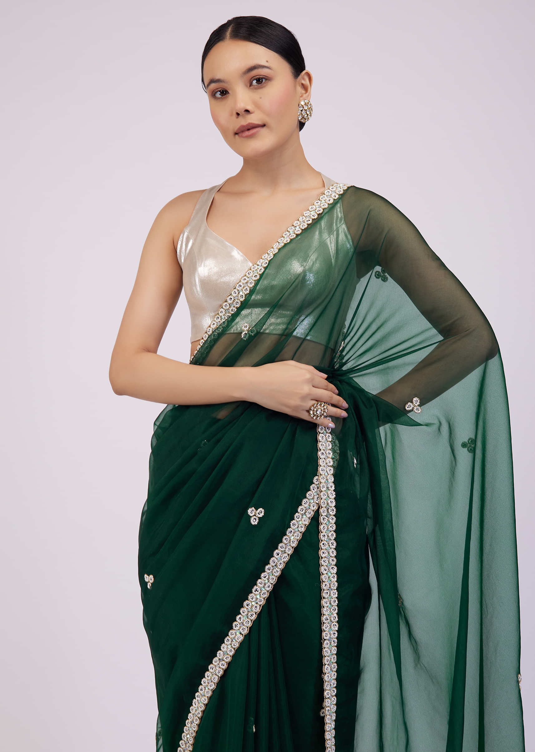 Deep Green Saree In Organza With Embroidery