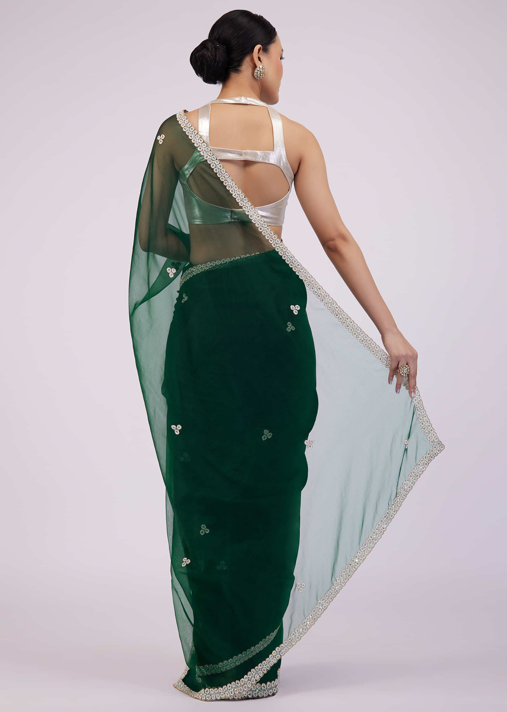 Deep Green Saree In Organza With Embroidery