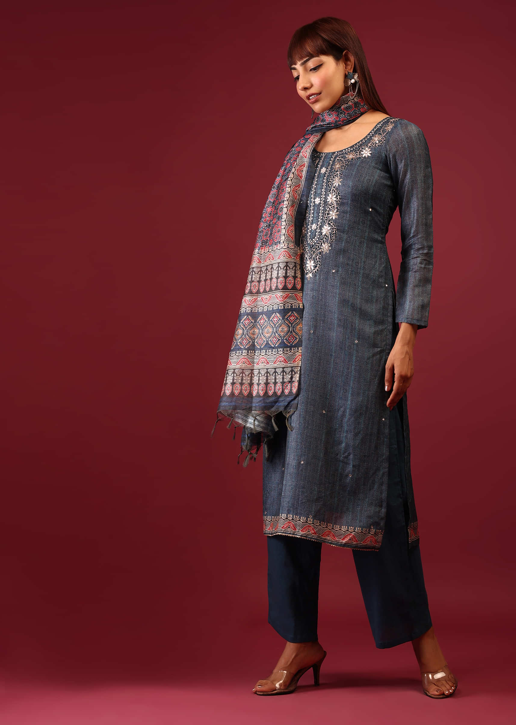 Faience Blue Palazzo Suit In Tussar Silk With Ajrakh Handblock Print And Embroidery