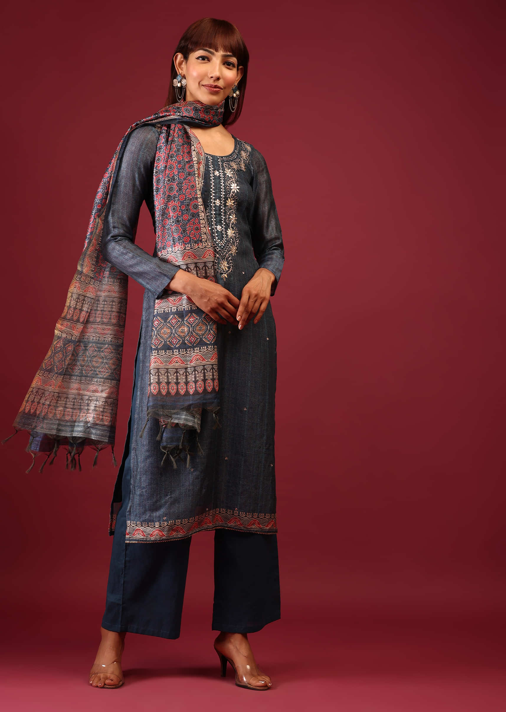 Persian Blue Palazzo Suit In Tussar Silk With Ajrakh Handblock Print And Embroidery