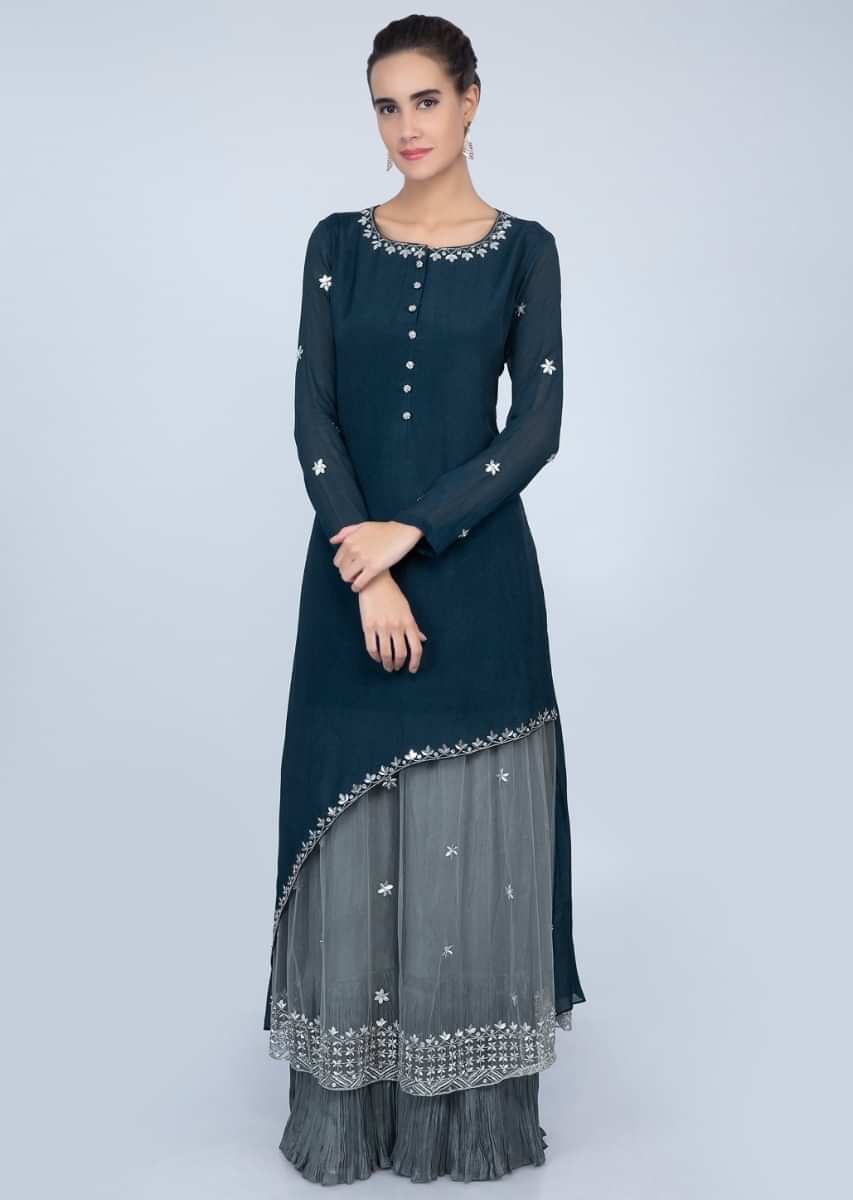 Fancy Admiral Blue Half And Half Suit With Fancy Pant And Net Dupatta Online - Kalki Fashion