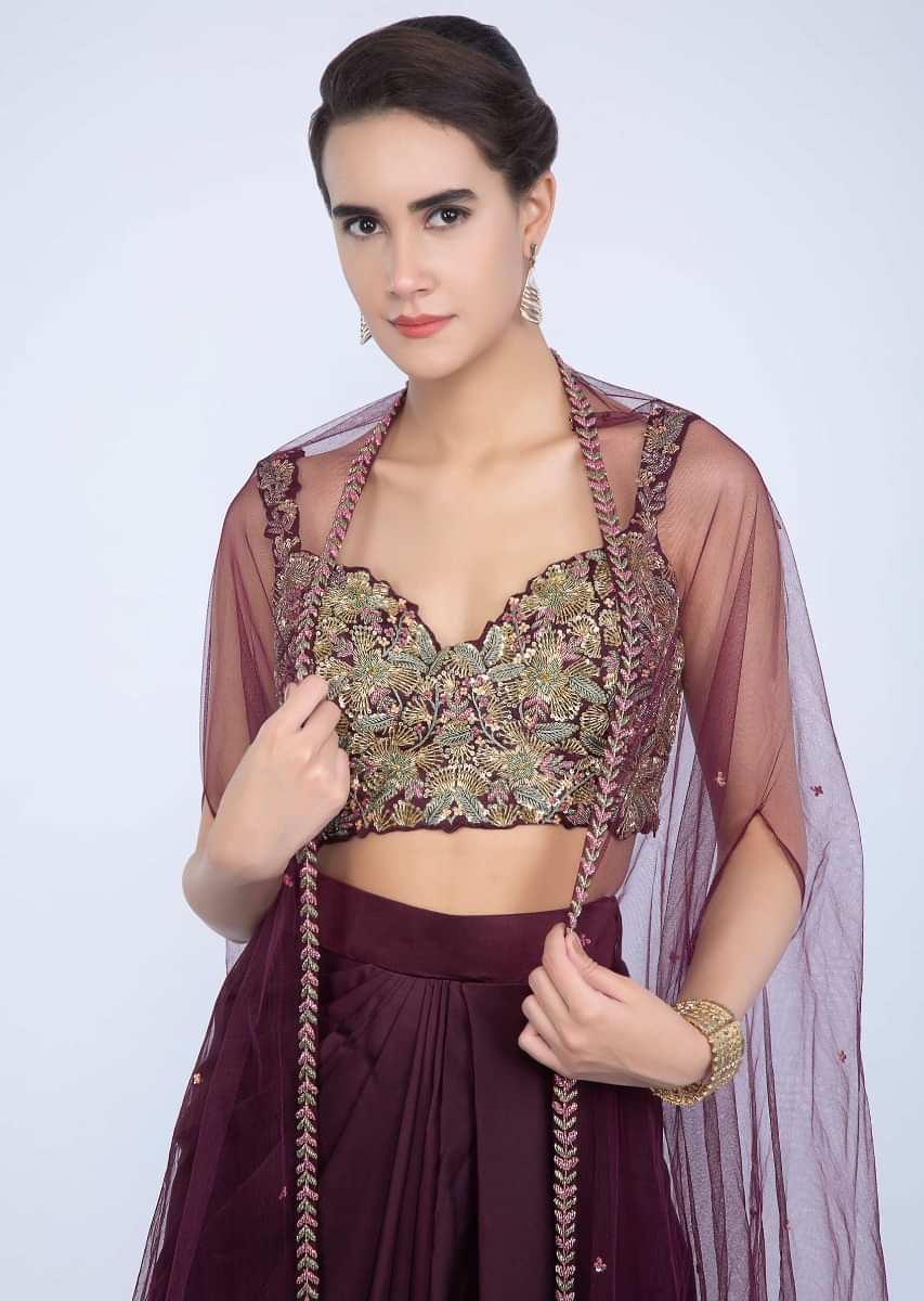 Mahogany Skirt With Fancy Drape And Heavily Embellished Crop Top With Matching Net Dupatta Online - Kalki Fashion