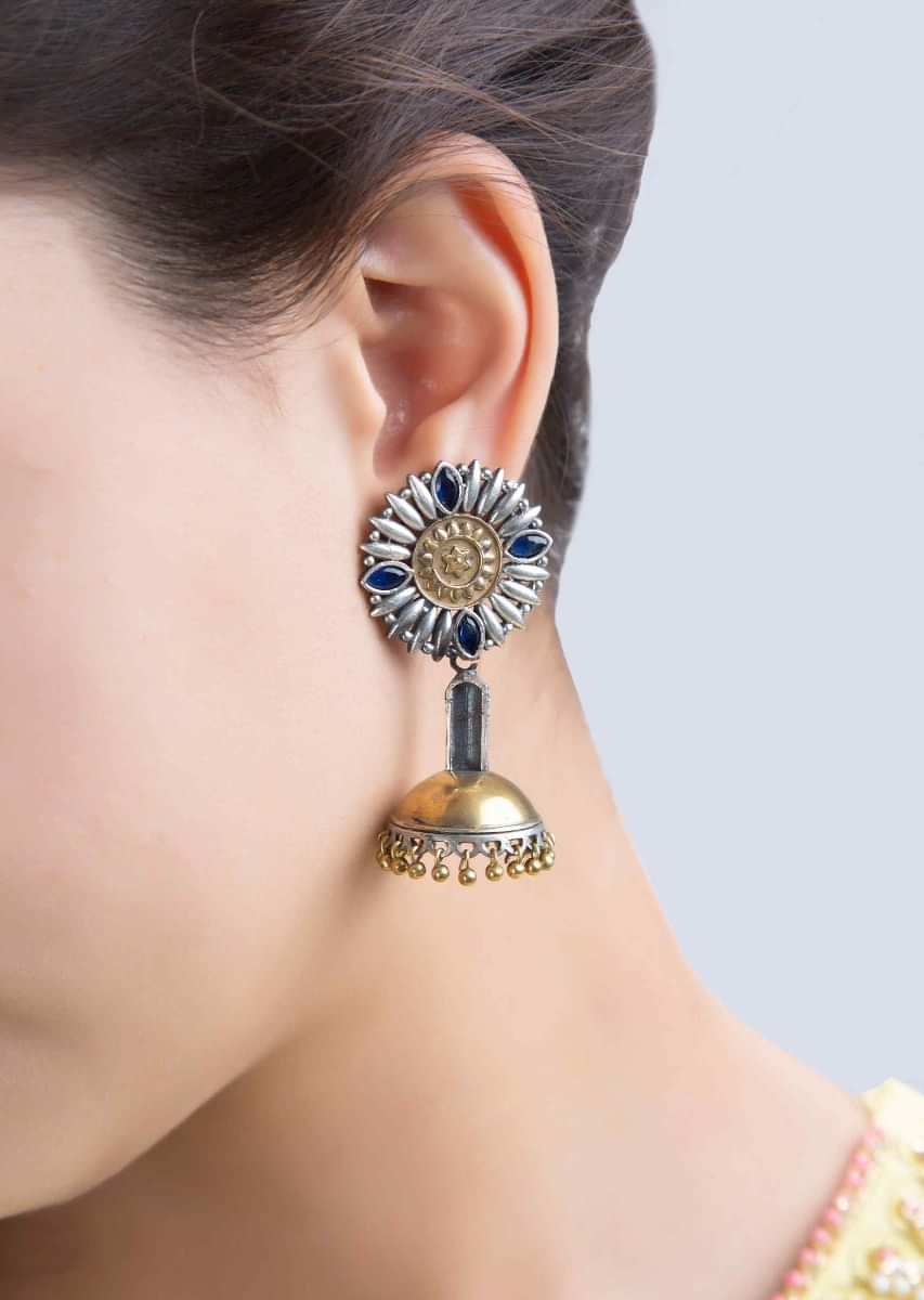 Fancy oxidized earrings with navy blue bead and jhumkas drops only on kalki