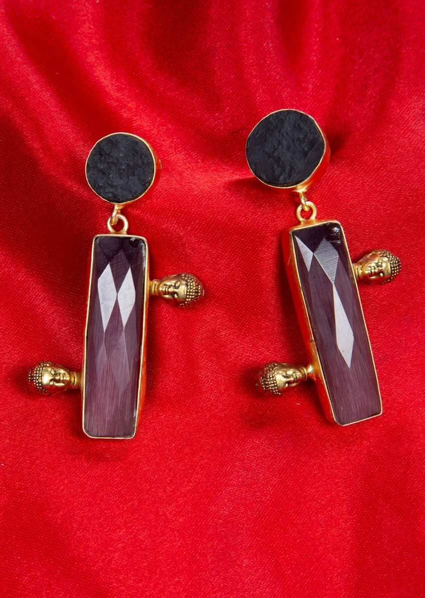 Fancy Party Wear Drop Earring With Black Semi Precious Stone And Mulberry Crystal Online - Kalki Fashion