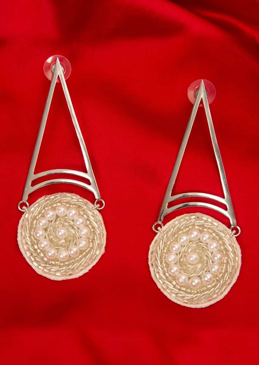 Fancy party wear silver steel earring  with round fabric based drops 