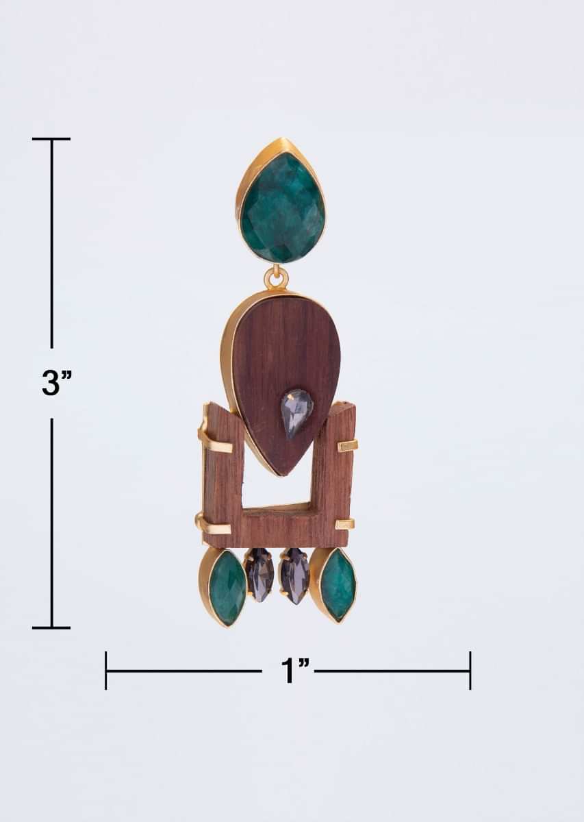 Fancy Wooden Earring With Emerald Green Semi Precious Stone And Crystal Stone Online - Kalki Fashion