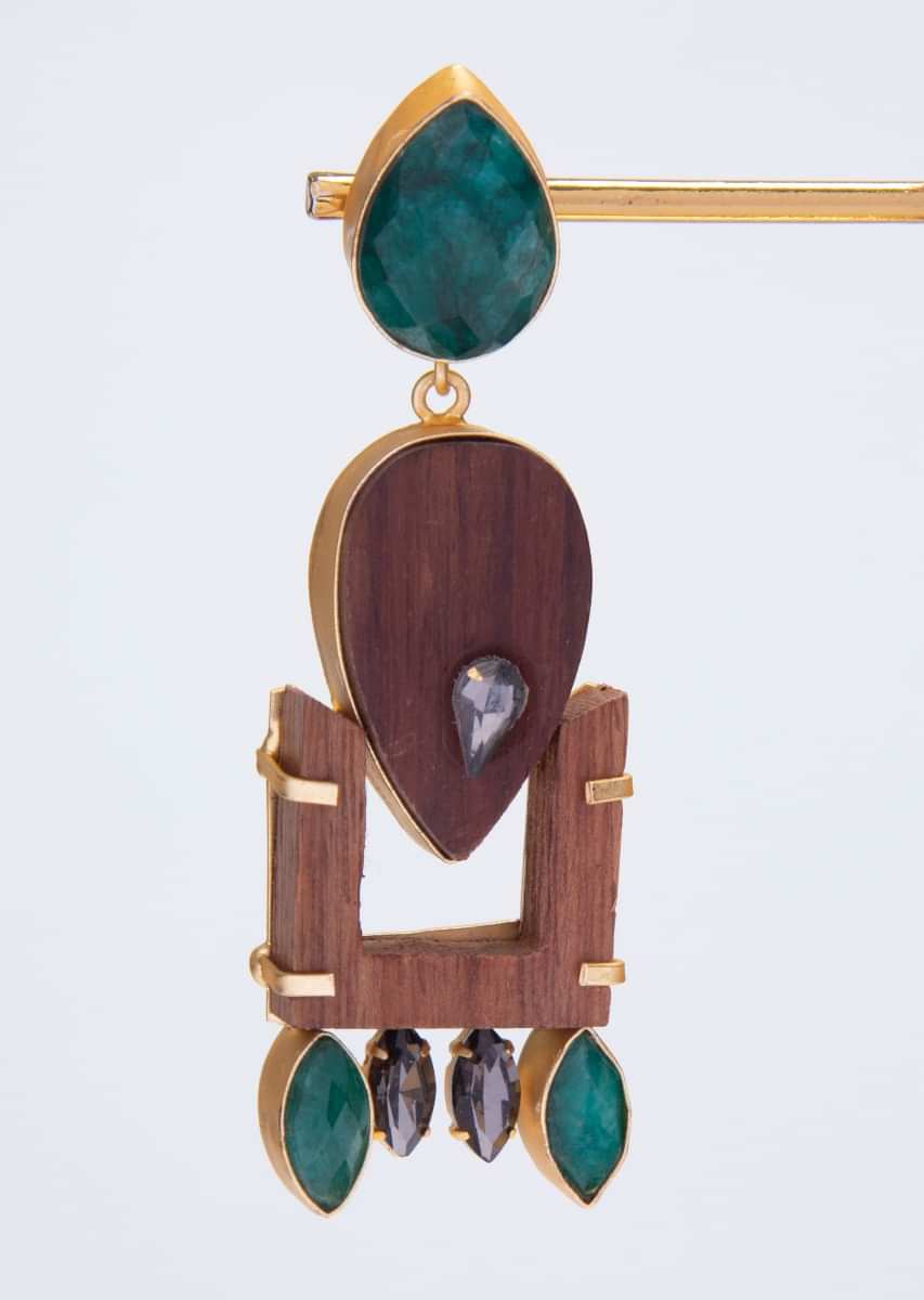 Fancy Wooden Earring With Emerald Green Semi Precious Stone And Crystal Stone Online - Kalki Fashion