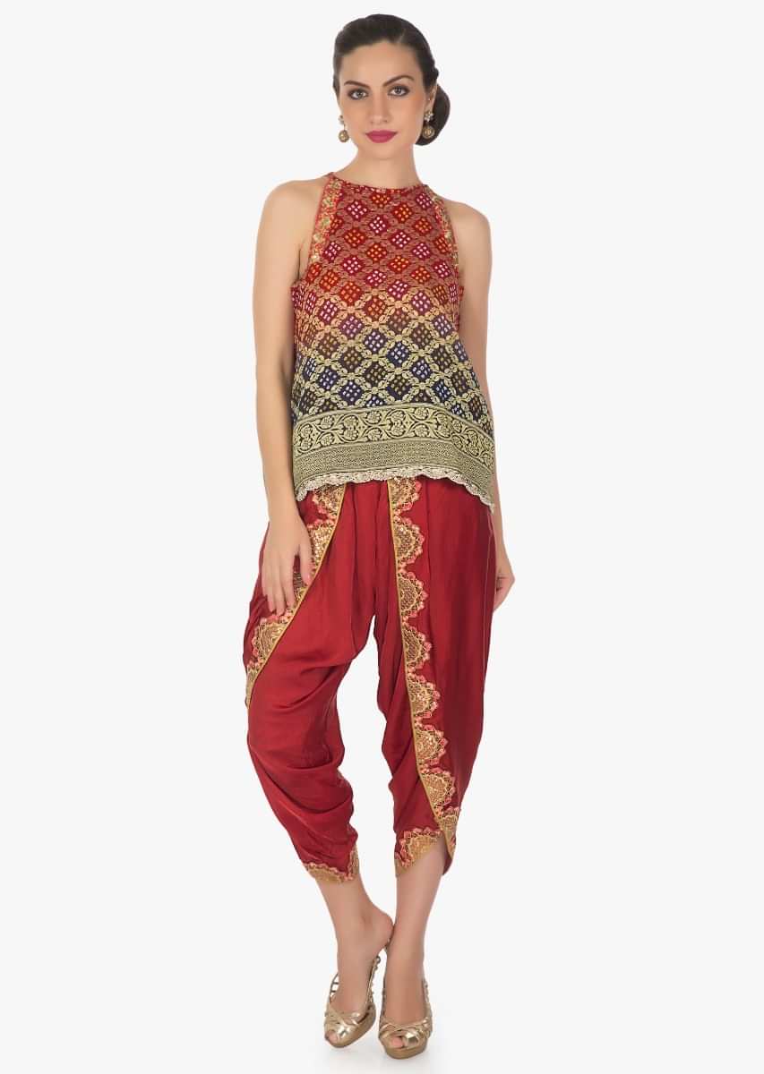 Fancy dhoti set with shaded bandhani embroidered top only on Kalki