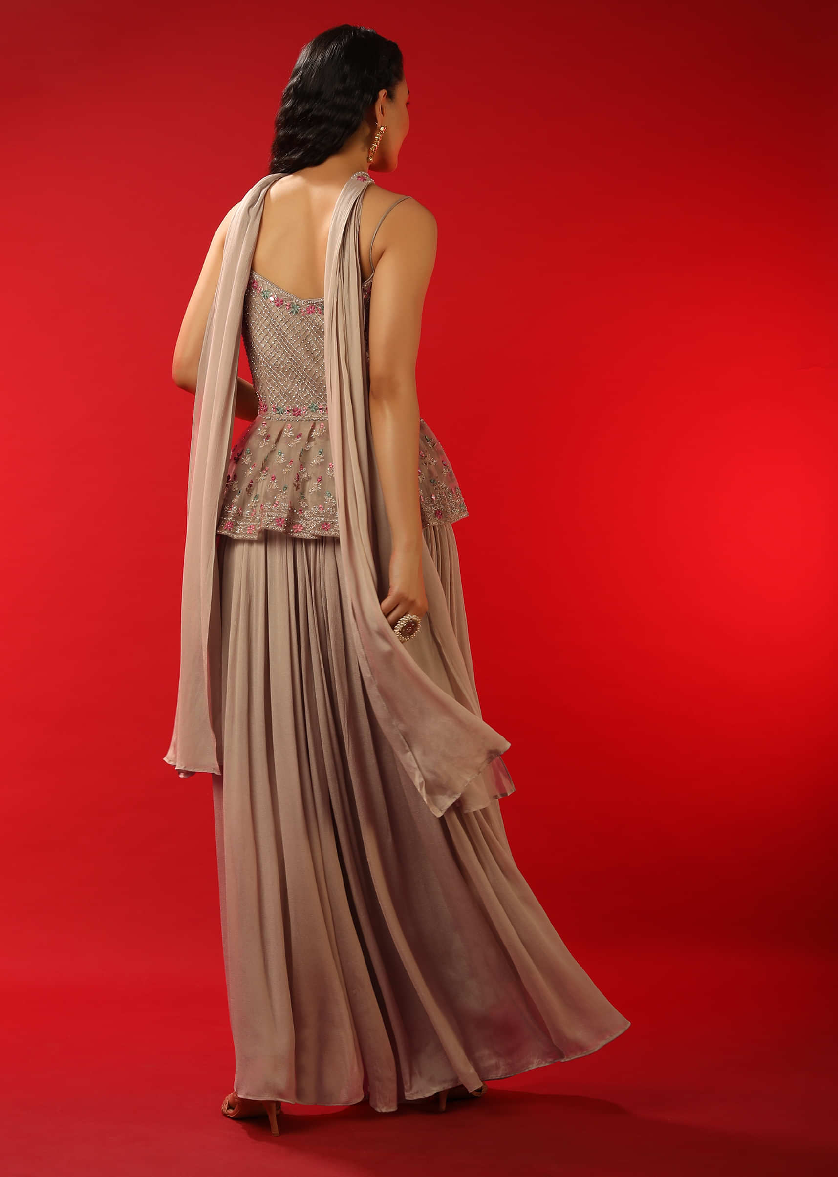 Feather Grey Palazzo And Peplum Suit With Multi Colored Resham And Mirror Abla Embroidery  