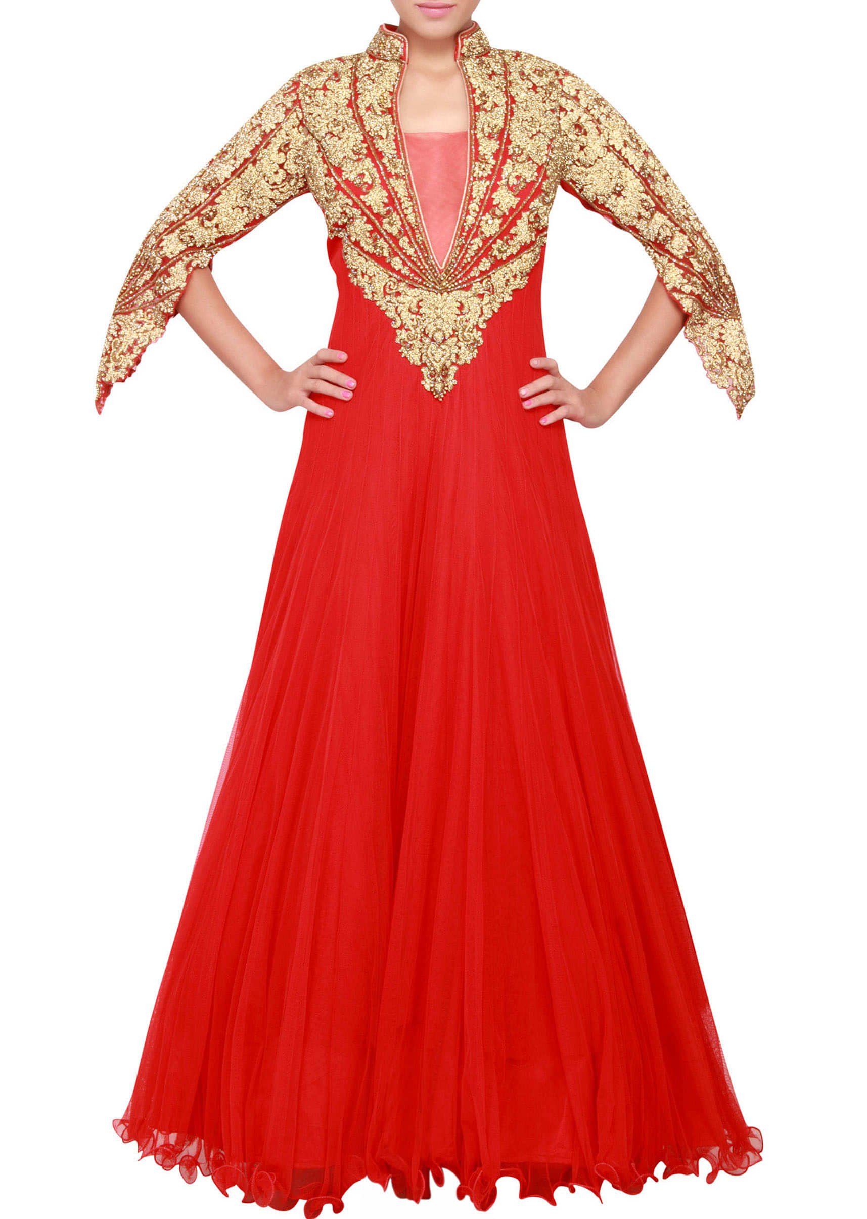 Featuring a scarlet red gown in embellished in gold stone embroider only on Kalki