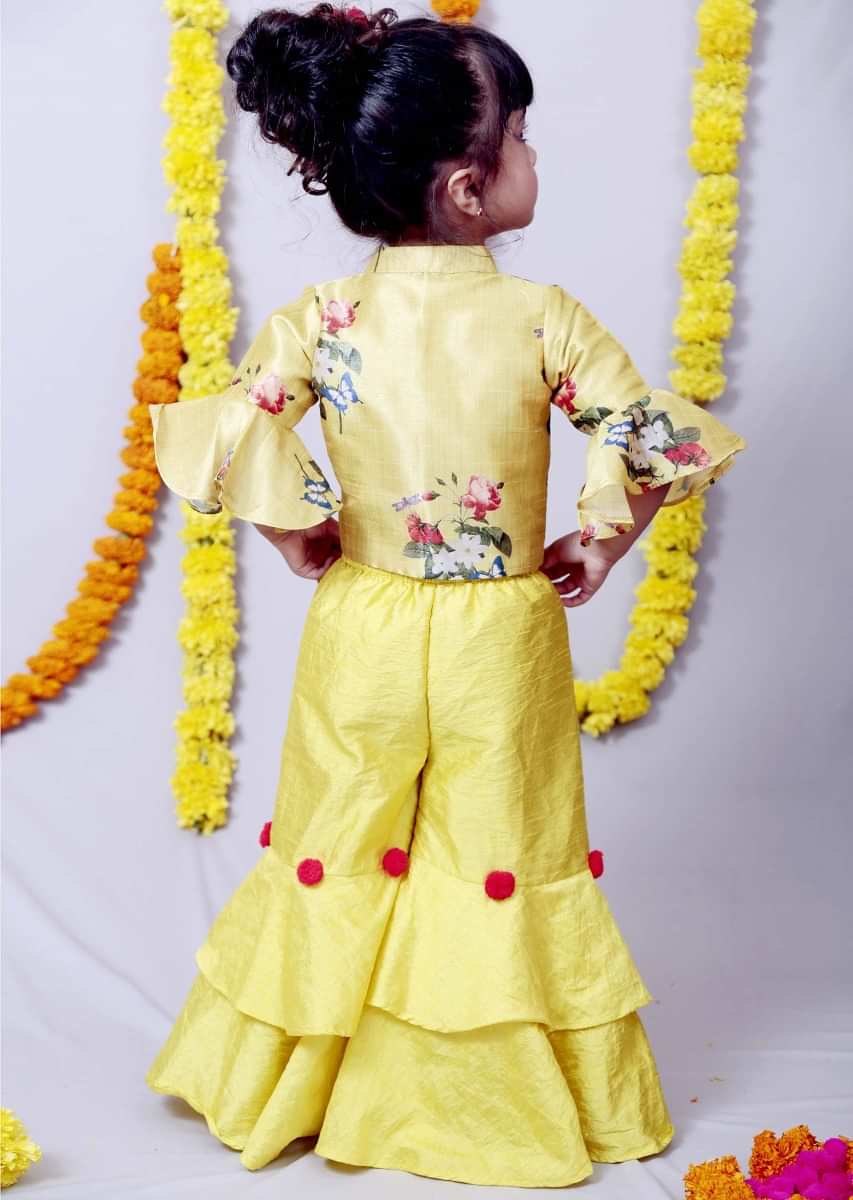 Featuring Green Yellow Layered Palazzo Set With Printed Blouse Online - Kalki Fashion