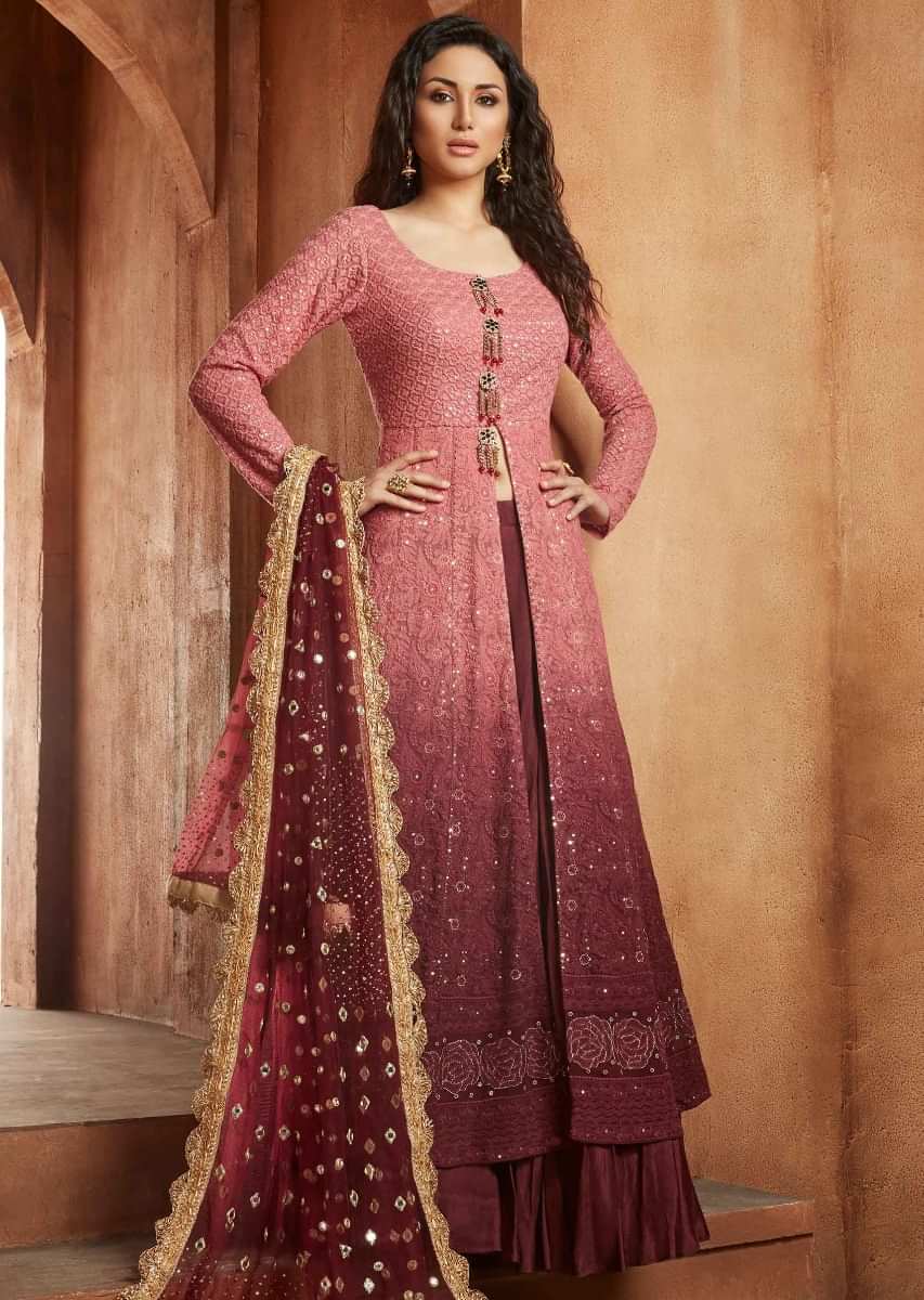 Shaded Anarkali In Thread And Sequin Work Matched With Plum Skirt Online - Kalki Fashion