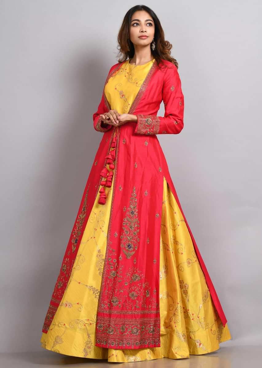 Yellow Anarkali Matched With Cherry Pink Embroidered Jacket Online - Kalki Fashion