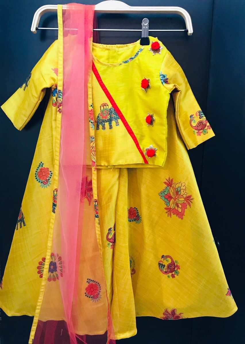Yellow Crop Top With Palazzo And Net Dupatta Online - Kalki Fashion