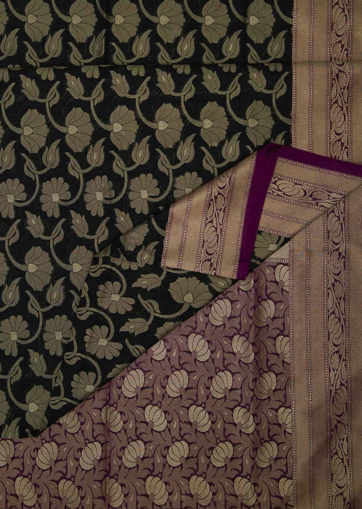 Black Banarasi Saree Iin Silk With Weaved Floral Jaal Motif Online - Kalki Fashion