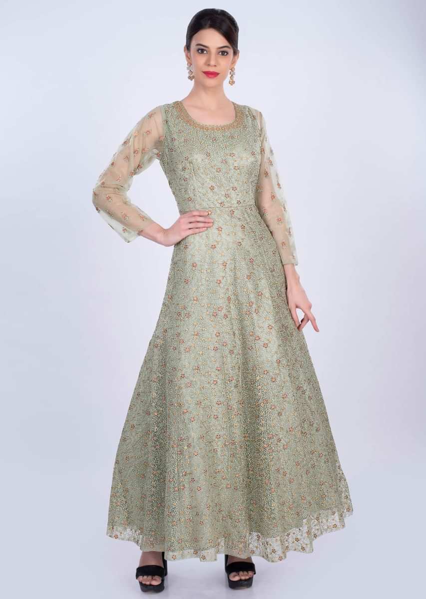 Fern green anarkali gown in self floral thread embroidery only on Kalki