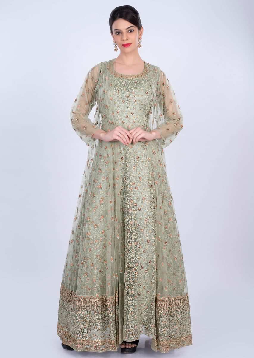Fern green anarkali gown in self floral thread embroidery only on Kalki