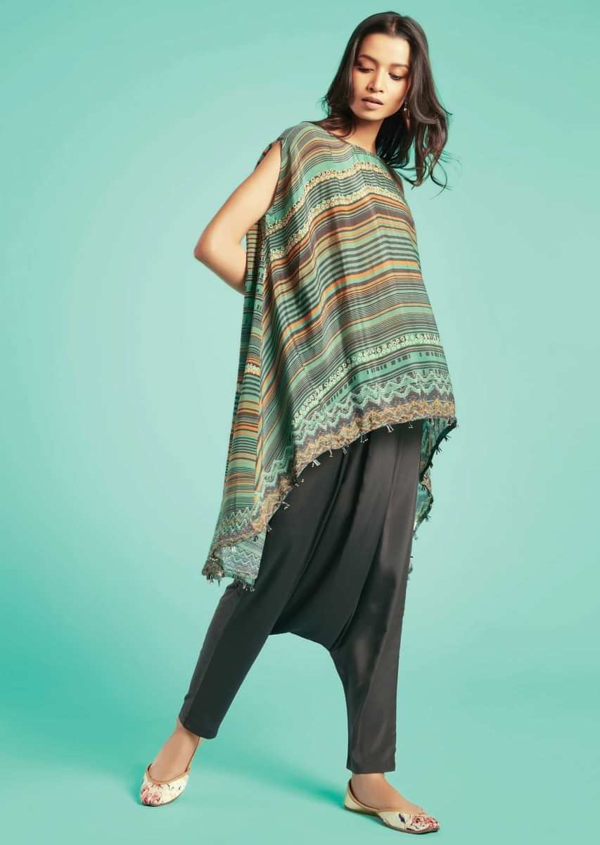 Fern Green Cape Top With Printed Stripes And Tribal Pattern And Grey Low Crotch Pants  