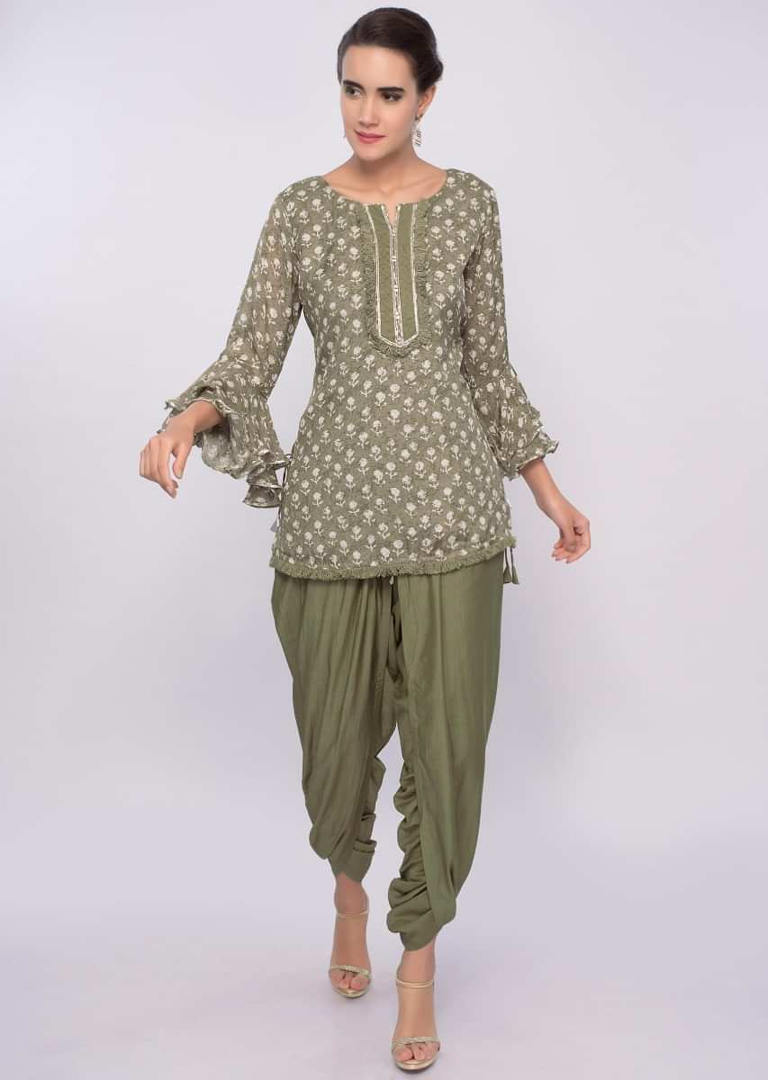 Fern Green Dhoti And Top In Block Print Online - Kalki Fashion