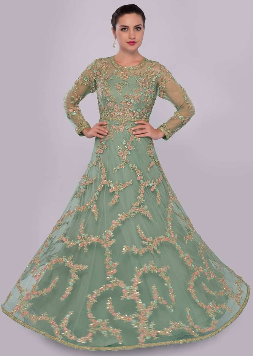Fern green net embroidered gown with floral embroidered jaal work 