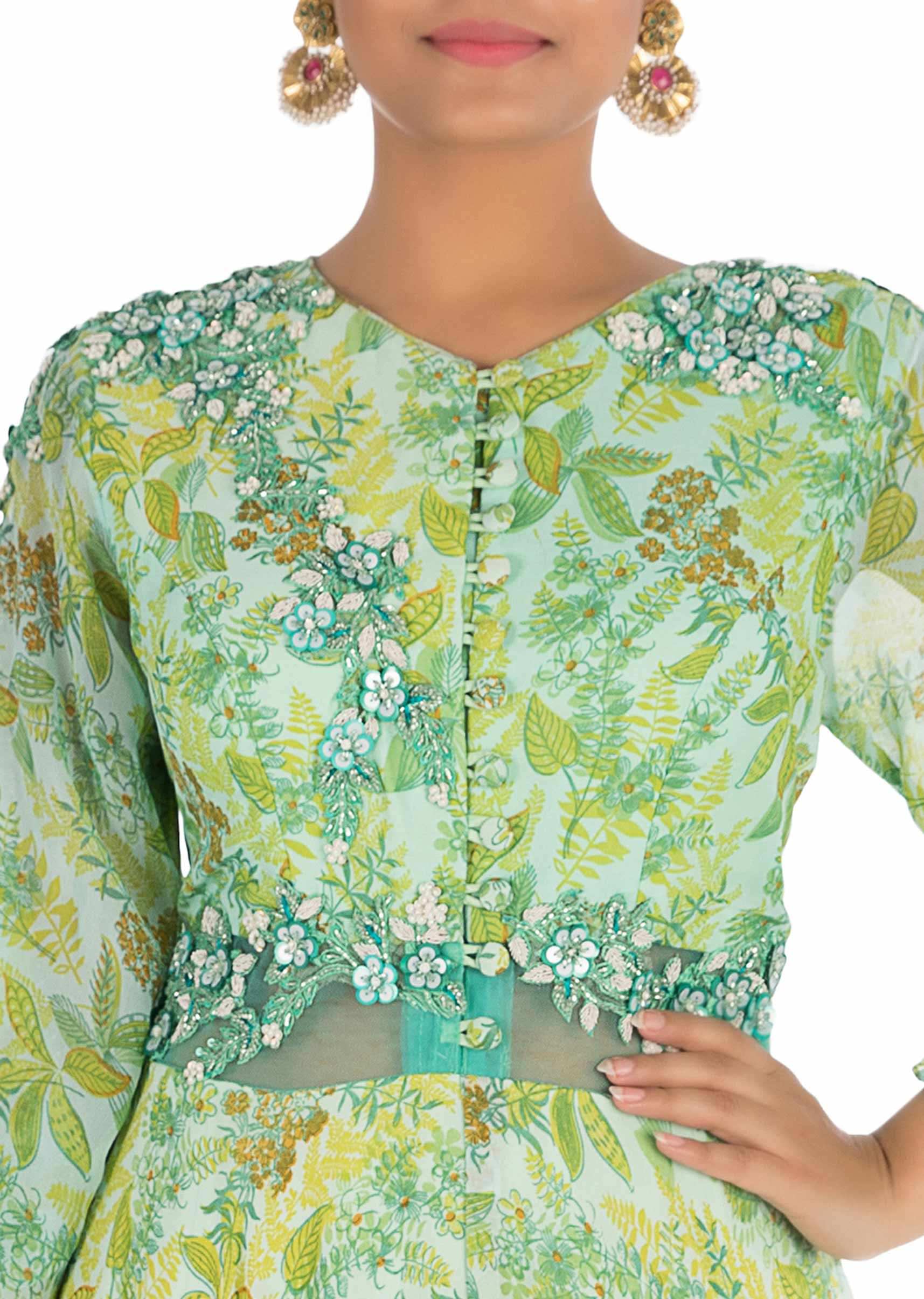 Fern green printed gown with cut sleeves