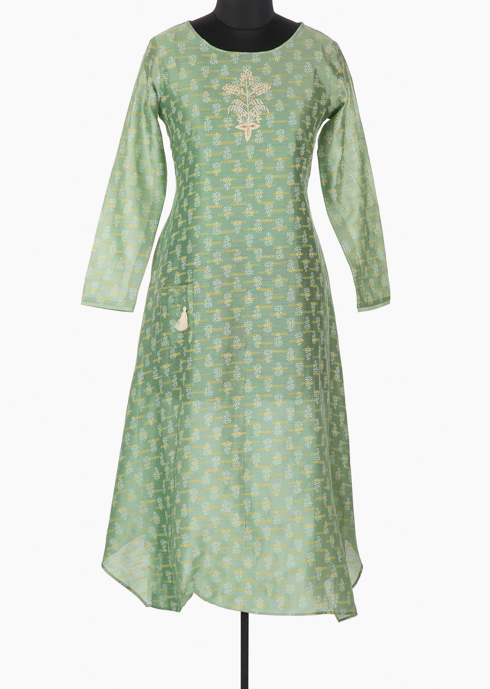 Fern green printed kurti with cod embroidered butti only on Kalki