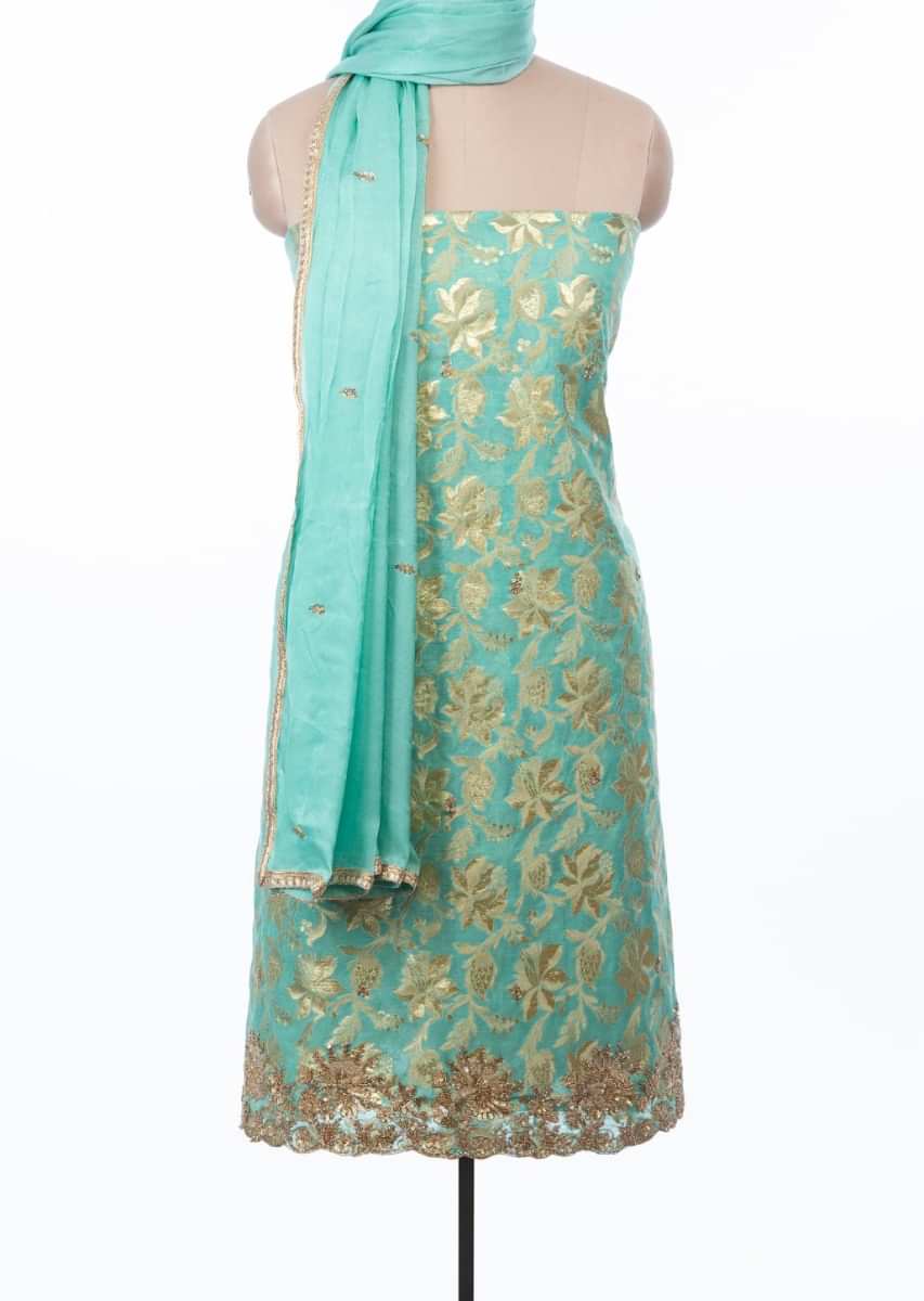 Fern green unstitched brocade suit set with satin chiffon dupatta in butti only on Kalki