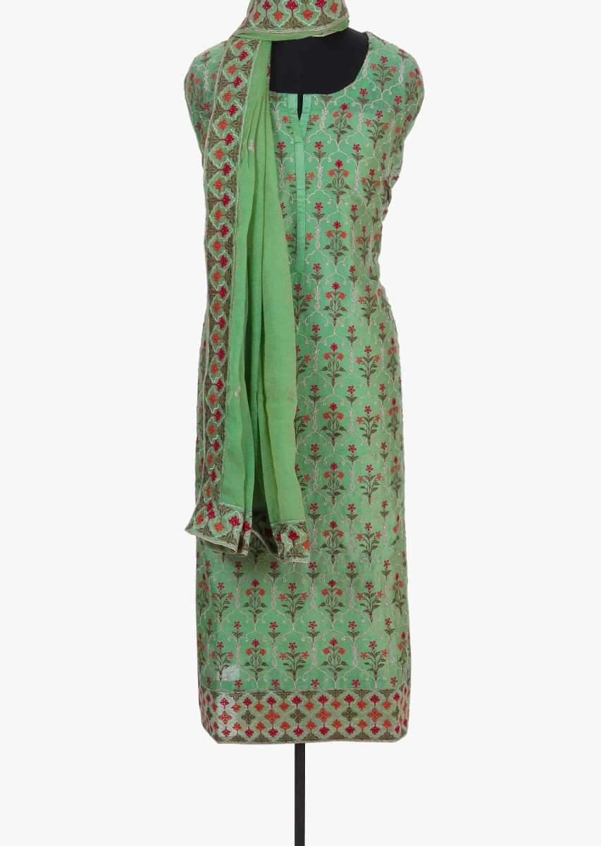 Fern green unstitched silk suit with resham and zari work in floral and moroccan  motif 