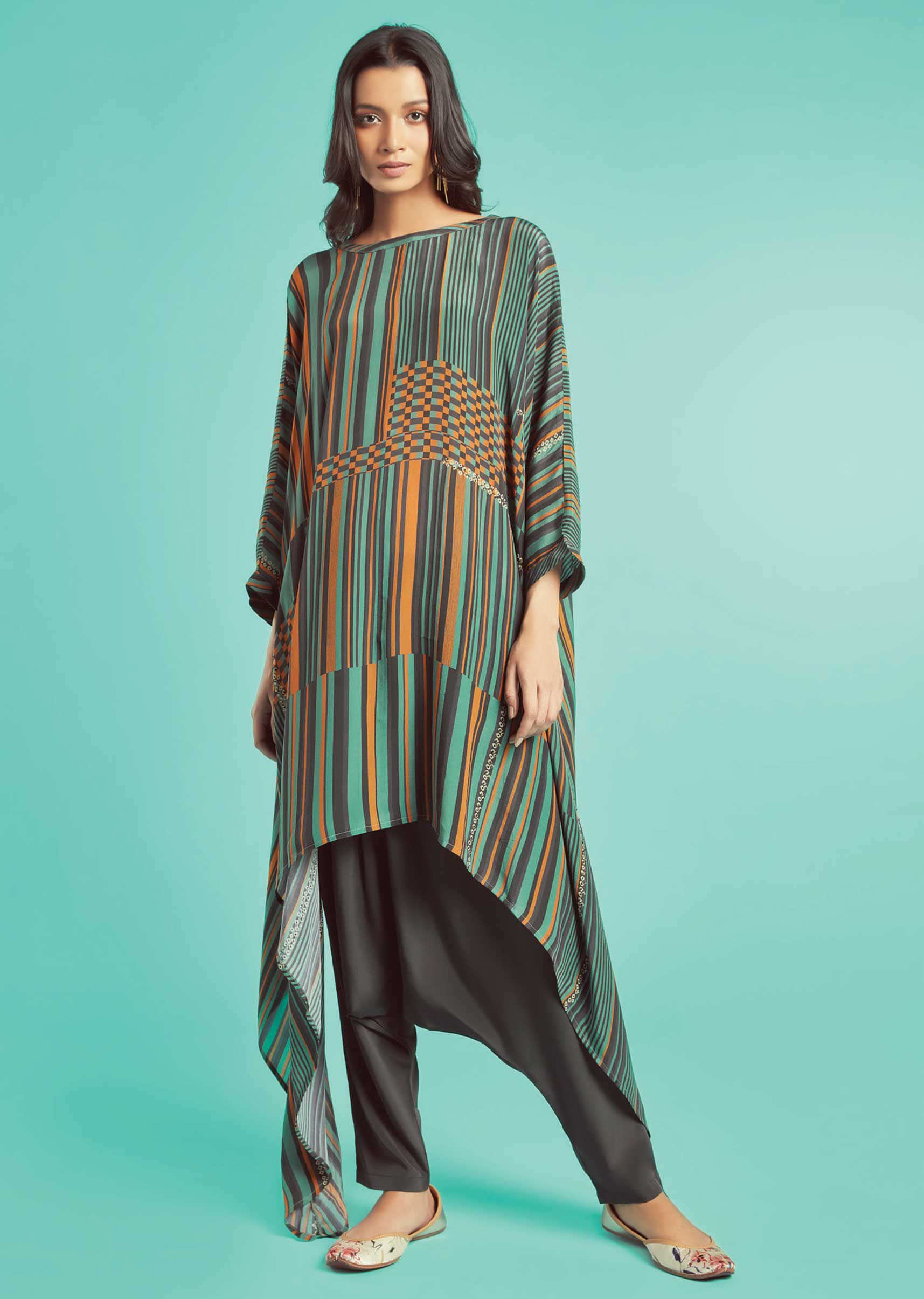 Fern Green Kurta Set With Multi Colored Striped And Checks Pattern And Grey Low Crotch Pants  