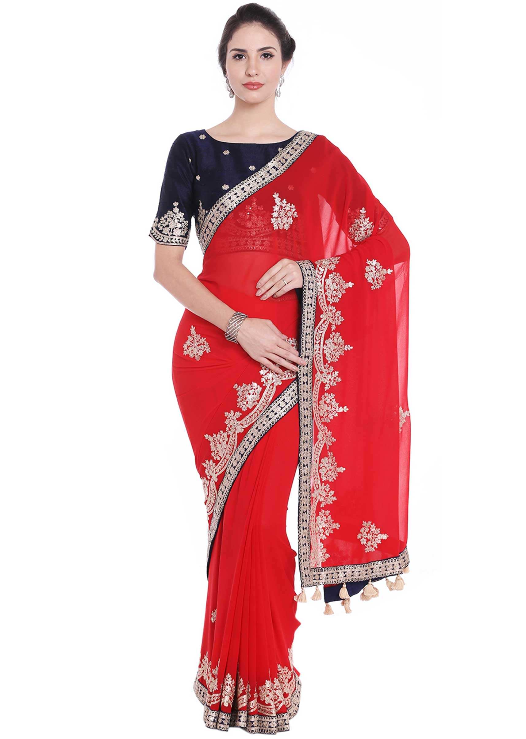 Ferry Red Embroidered Saree With Fancy Tassel And Ready Embroidery Online - Kalki Fashion