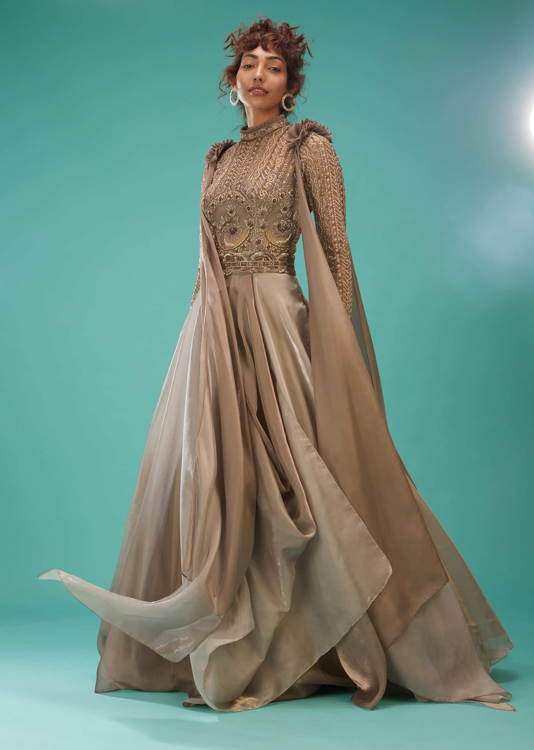 Kalki Festive Embroidered Ball Gown In Organza With A Gradient Shade Of Silver Lining Grey And Pine Bark Brown
