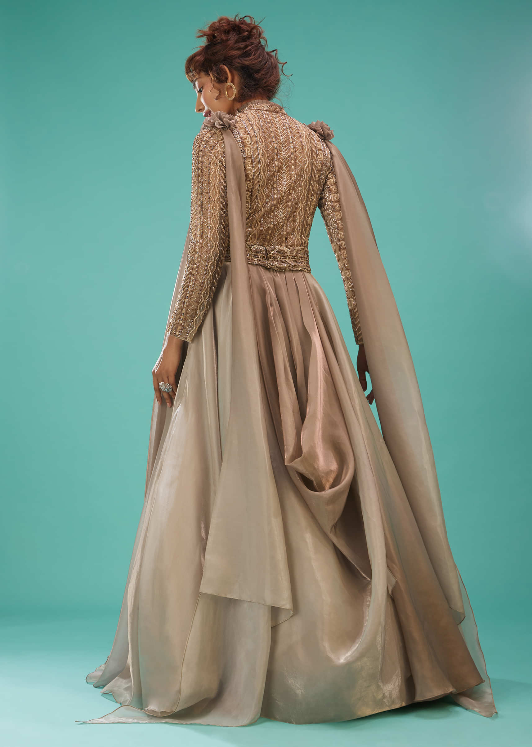 Mocha Brown Embroidered Ball Gown In Organza With A Gradient Shade Of Silver Lining