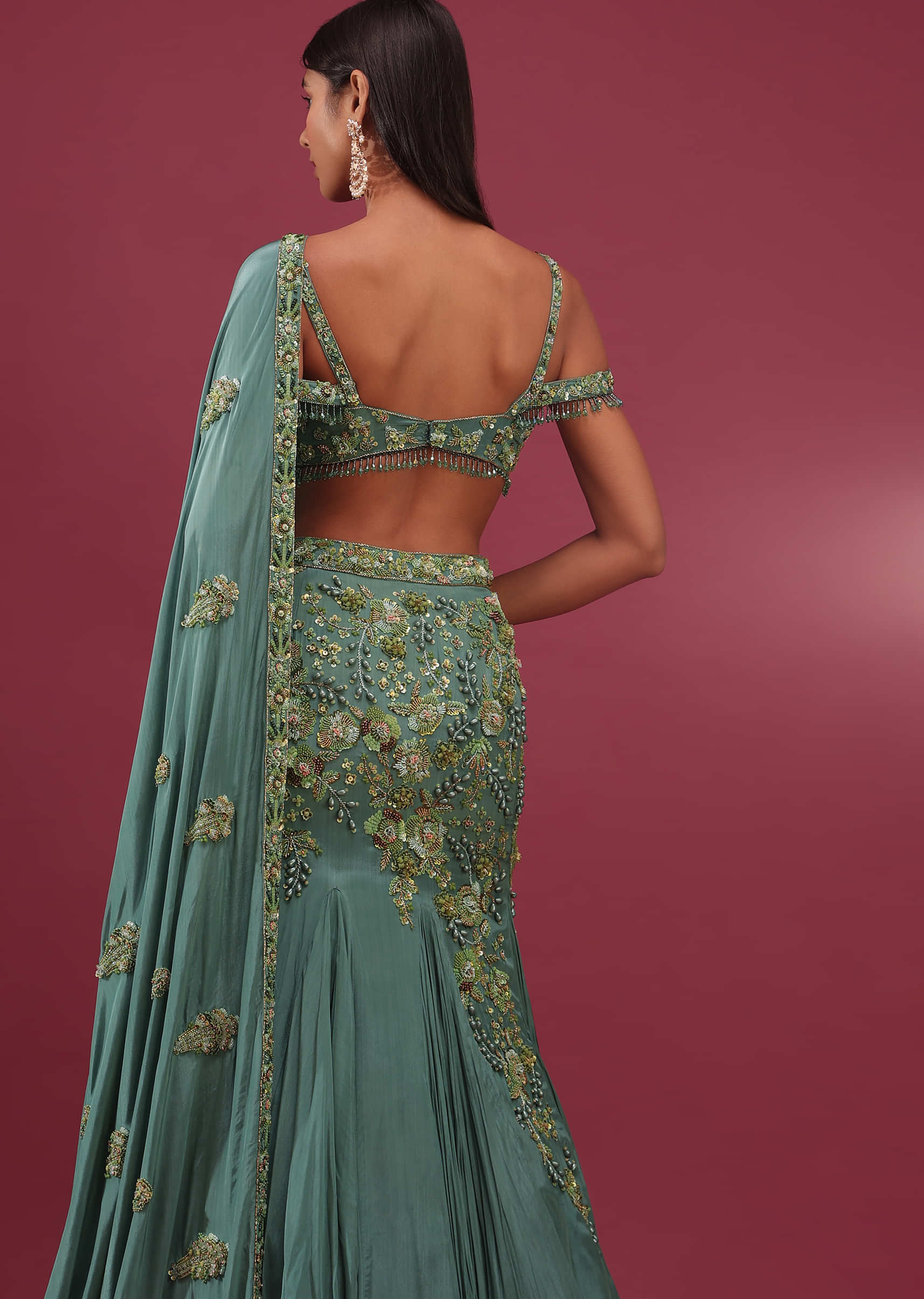 Mint Blue Lehenga Set In Pure Crepe Embroidered With Attached Dupatta - NOOR 2022