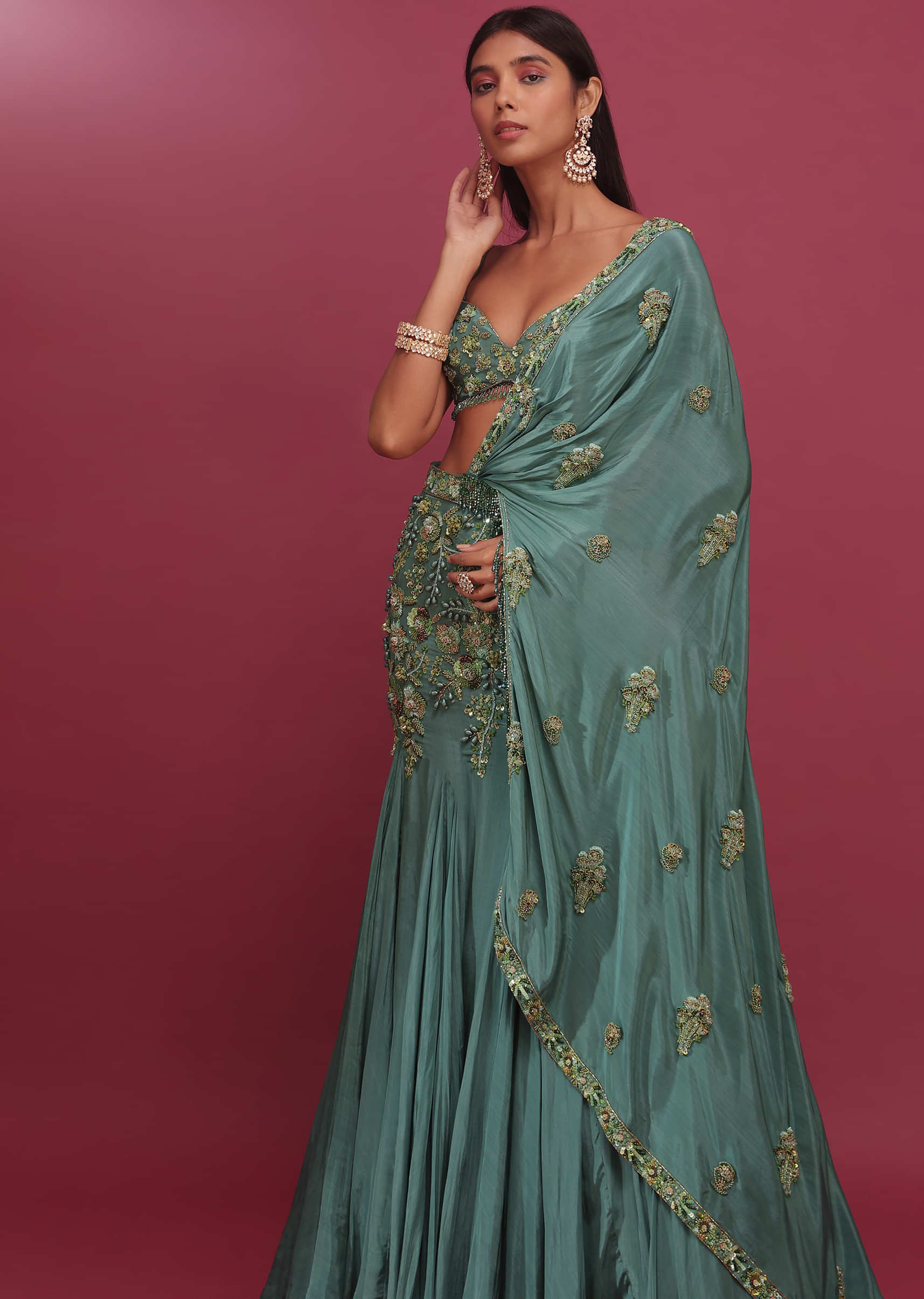 Mint Blue Lehenga Set In Pure Crepe Embroidered With Attached Dupatta - NOOR 2022