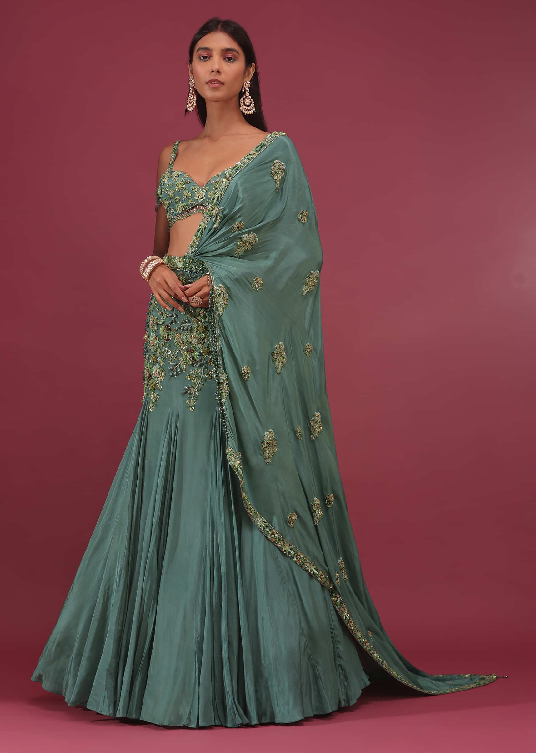 Amrutam Fab Blue & Green Semi-Stitched Lehenga & Unstitched Blouse With  Dupatta - Absolutely Desi