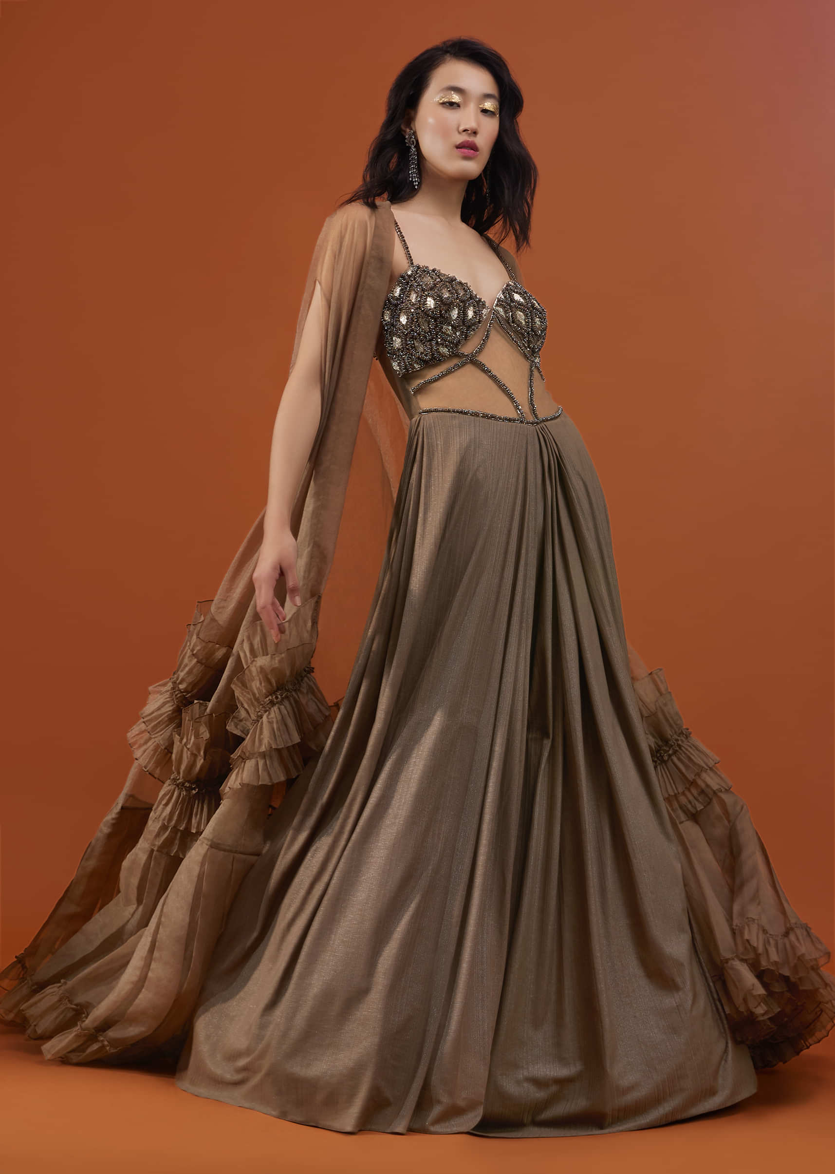 Coffee Brown Festive Lycra Jumpsuit With Pleated Cowl Skirt And Organza Frill Shrug NOOR 2022