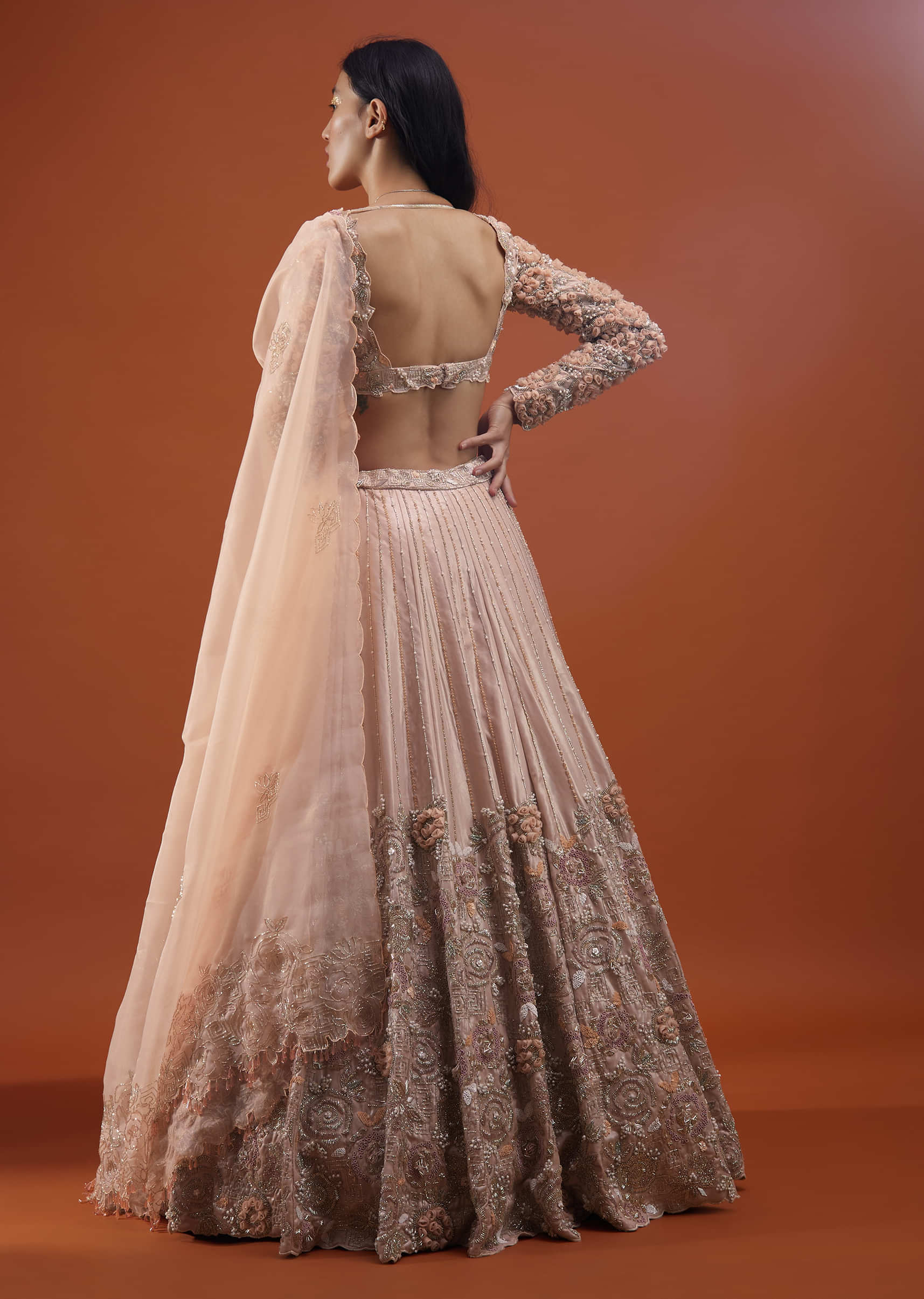 Candy Pink Festive Silver Pink Peony Lehenga Set In Organza With 3D Floral Embroidery - NOOR 2022