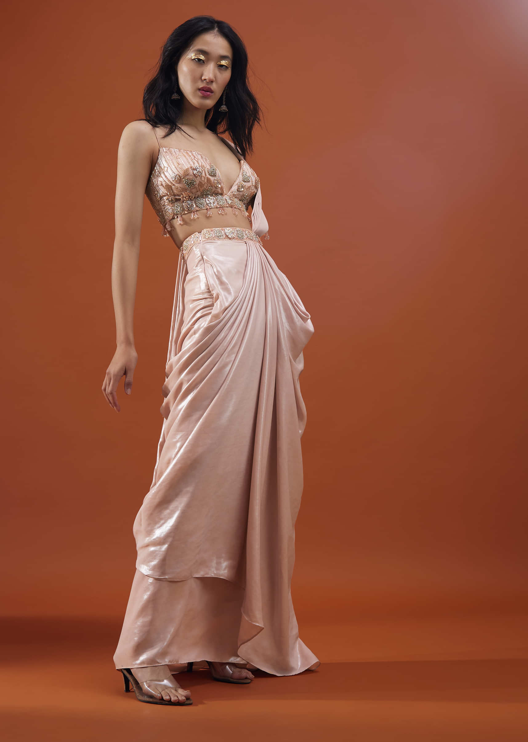 Festive Petal Pink Pre-Pleated Saree In Satin Milano With Embroidery - NOOR 2022