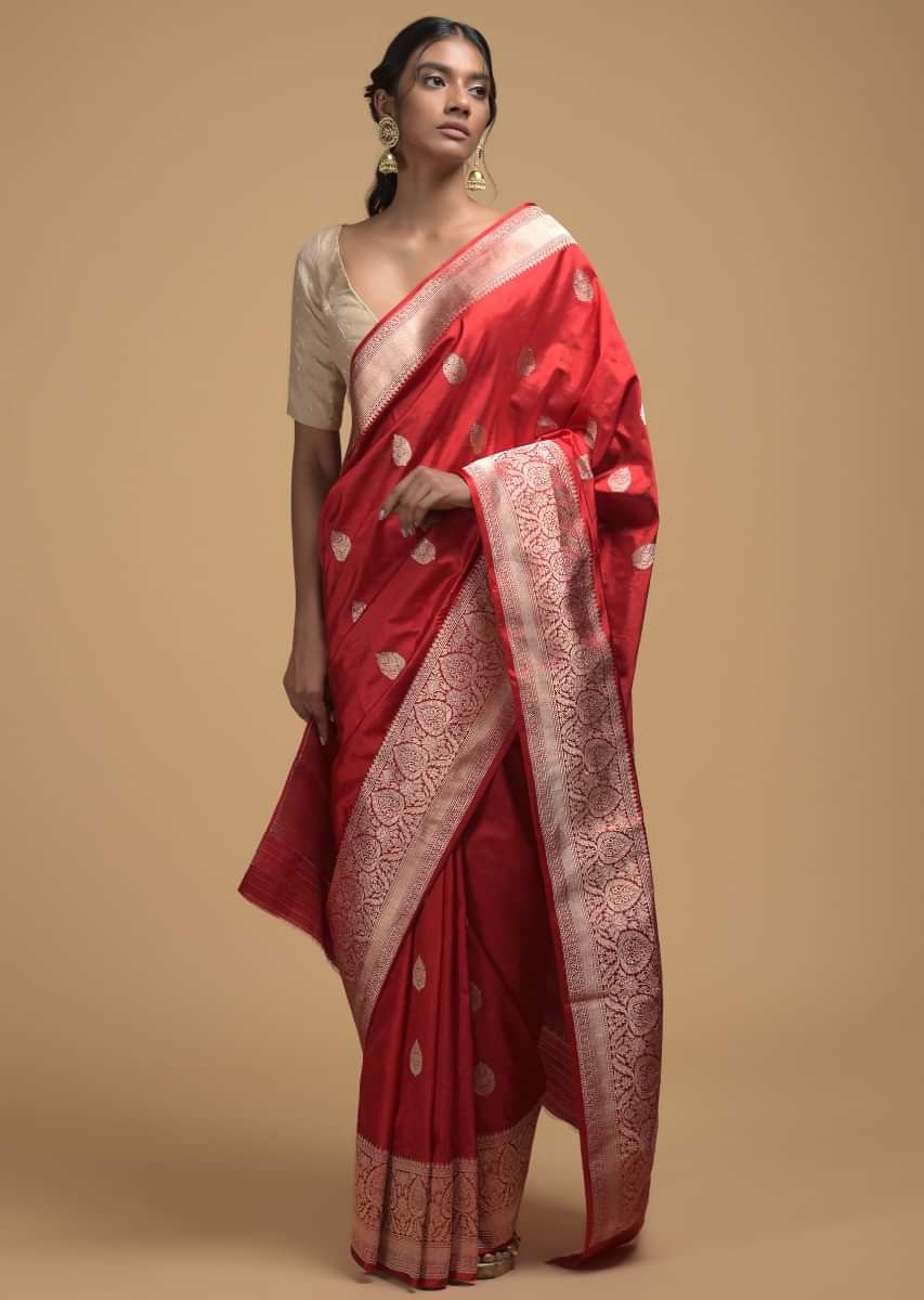 Fiery Red Pure Handloom Saree In Silk With Woven Leaf Shaped Buttis And Floral Border