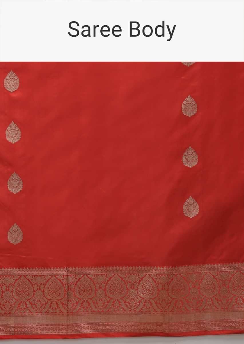 Fiery Red Pure Handloom Saree In Silk With Woven Leaf Shaped Buttis And Floral Border